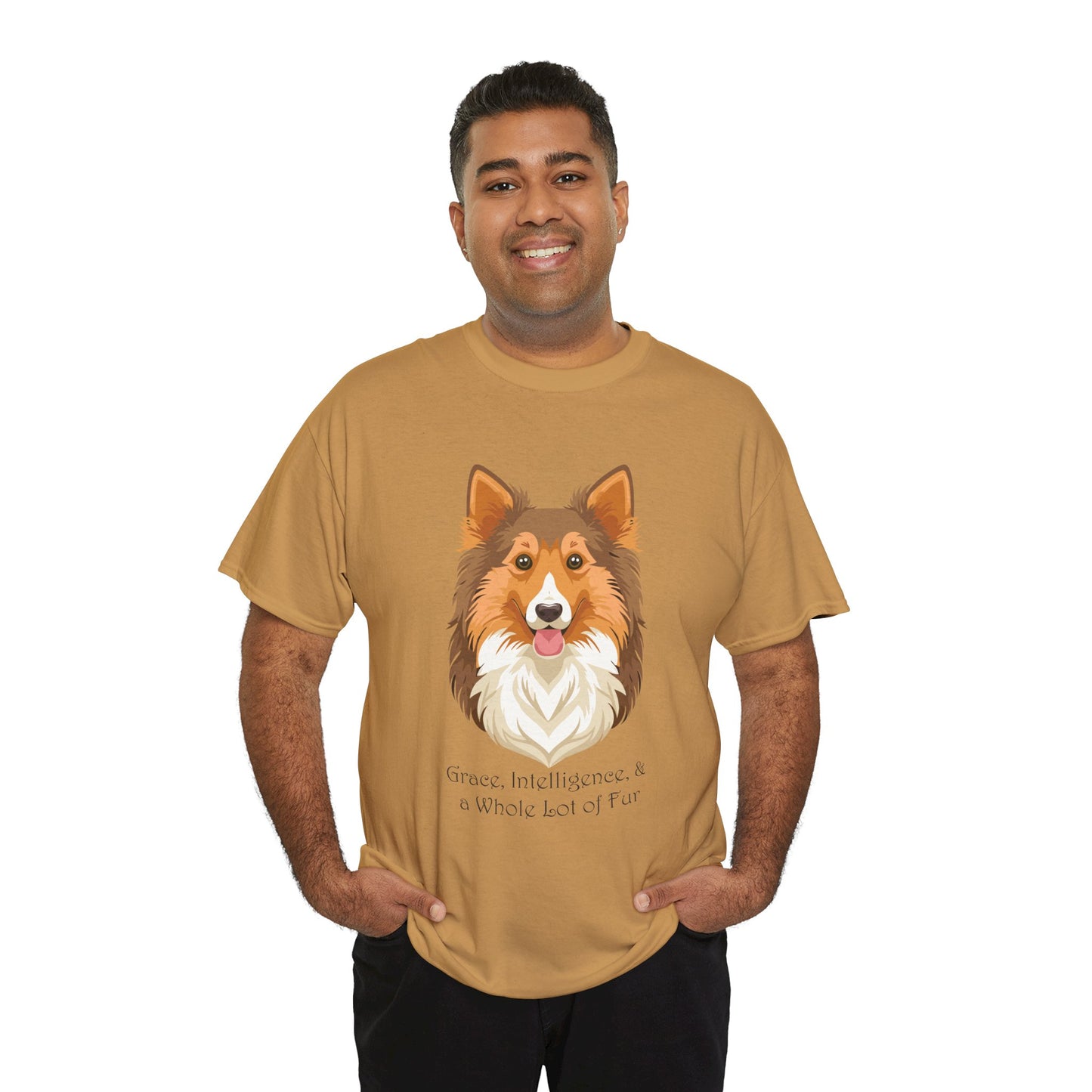Camiseta unisex de algodón grueso con diseño de perro pastor de Shetland: gracia, inteligencia y mucho pelo