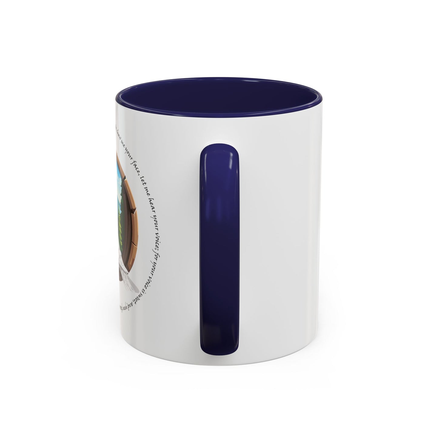 Taza de café con detalles inspirados en la naturaleza: diseño de montaña escénica y paloma apacible