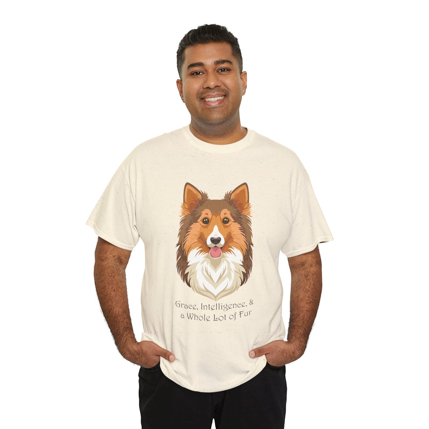 Camiseta unisex de algodón grueso con diseño de perro pastor de Shetland: gracia, inteligencia y mucho pelo