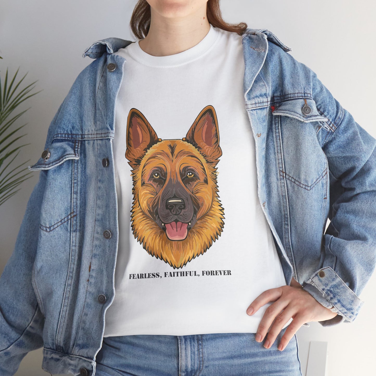 Camiseta unisex de algodón grueso con diseño de pastor alemán: valiente, fiel y eterno.