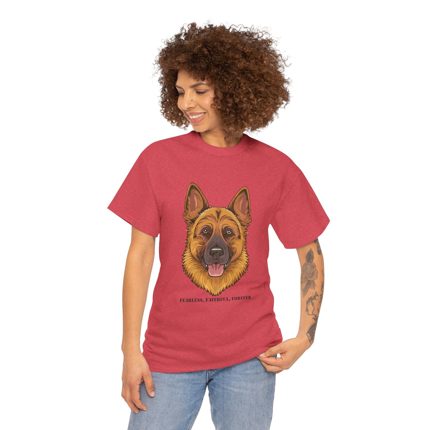 Camiseta unisex de algodón grueso con diseño de pastor alemán: valiente, fiel y eterno.