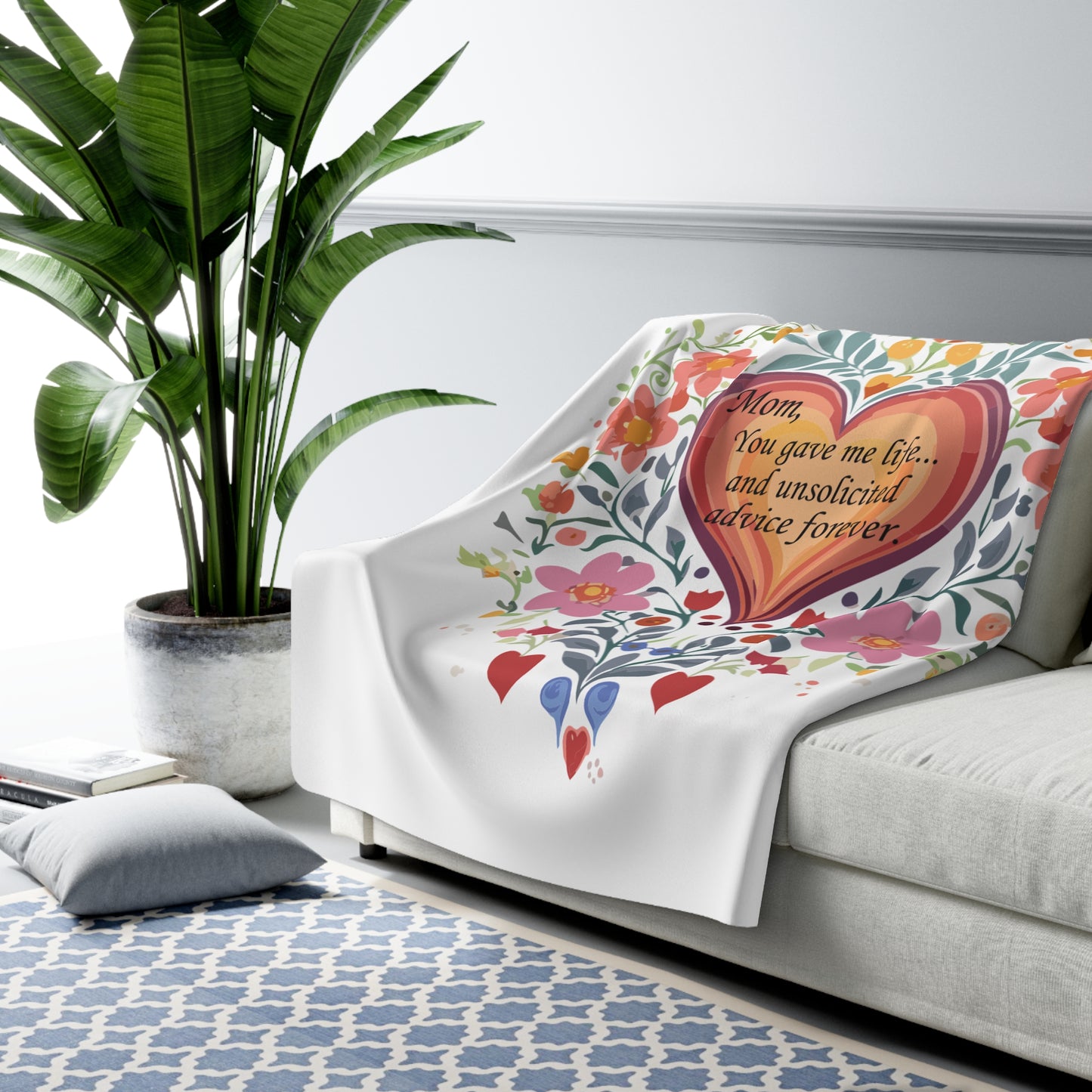 Mom Heart Floral Sherpa Fleece Blanket - Cozy Gift for Mother's Day and Year-Round Comfort