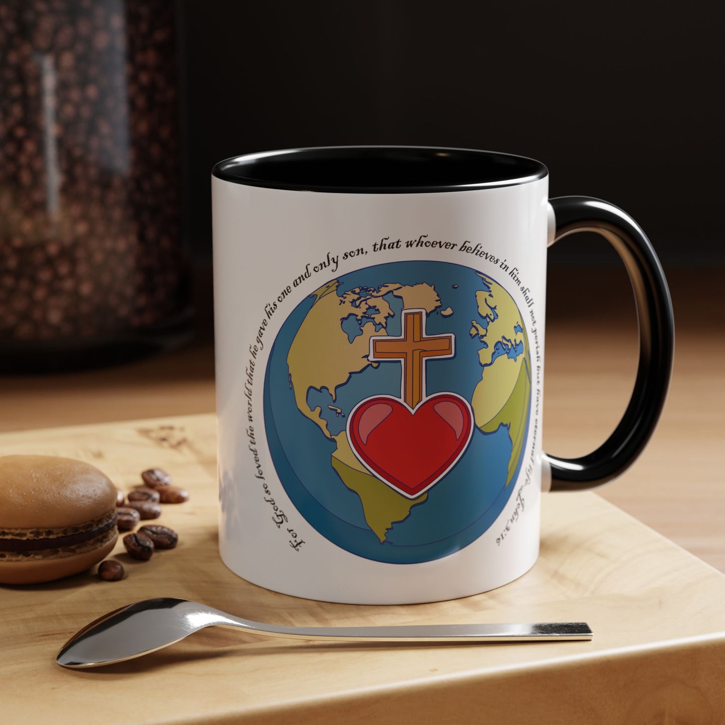 Taza de café con acento inspirador: diseño de fe y amor, perfecta para la motivación diaria.