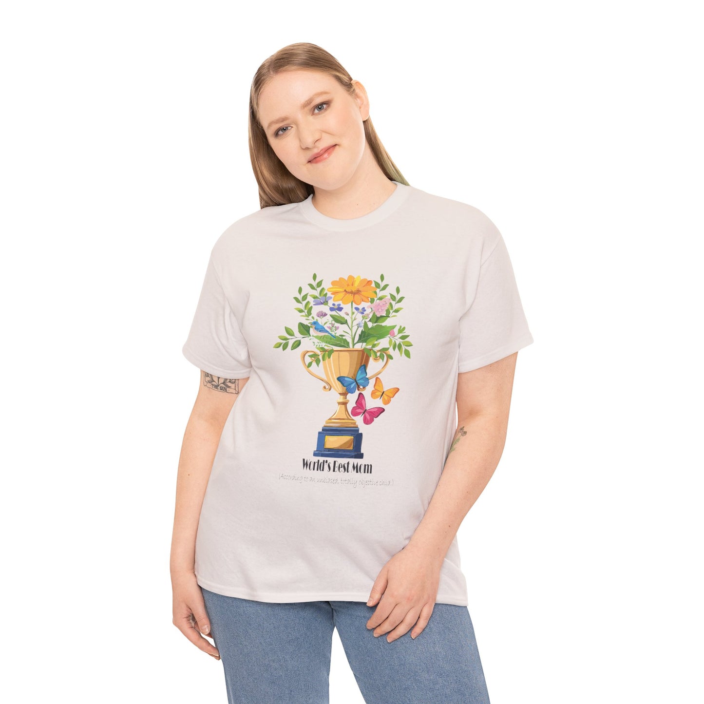 Floral Trophy for Mom Unisex Heavy Cotton Tee - Celebrating Achievement with Butterflies