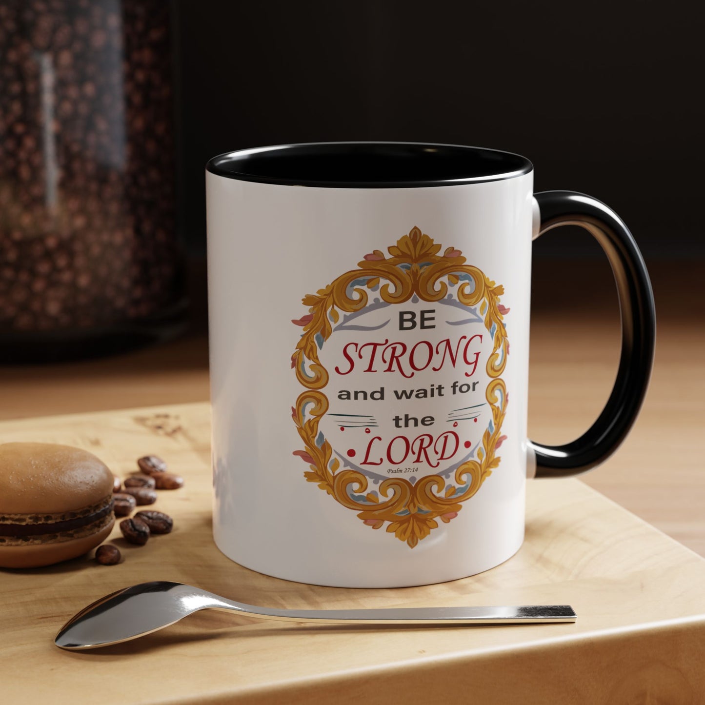 Taza de café con acento inspirador: "Esfuérzate y espera en el Señor"