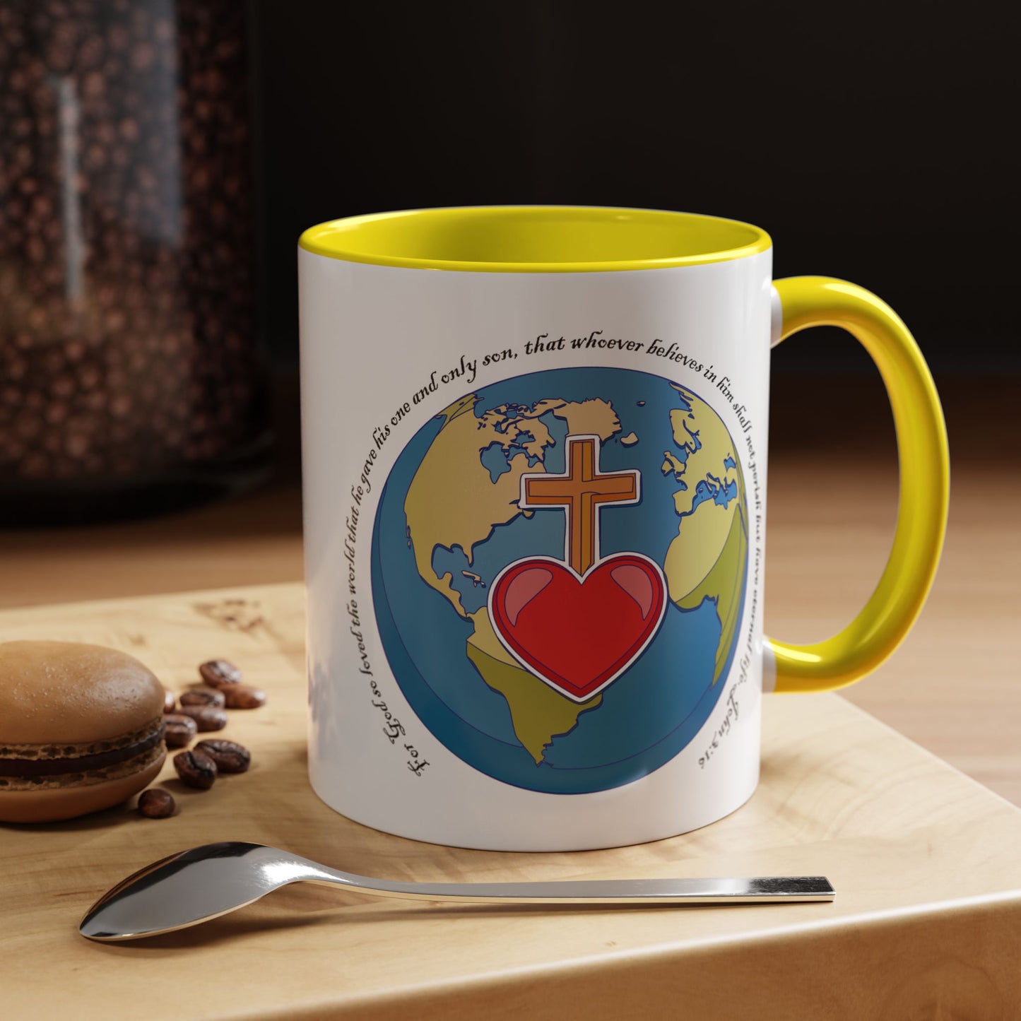 Taza de café con acento inspirador: diseño de fe y amor, perfecta para la motivación diaria.