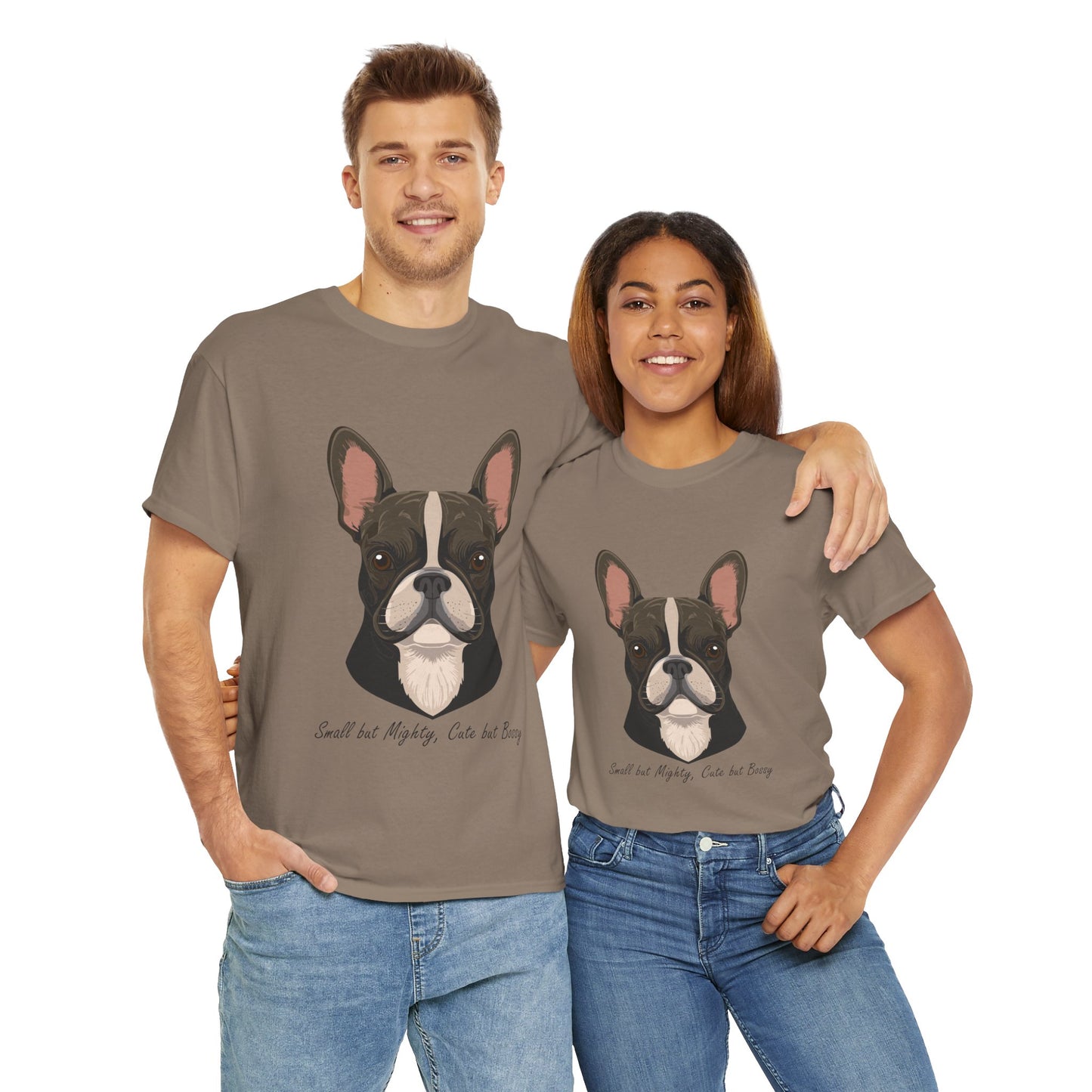 Camiseta unisex de algodón grueso con diseño de bulldog francés: pequeño pero poderoso, lindo pero mandón.