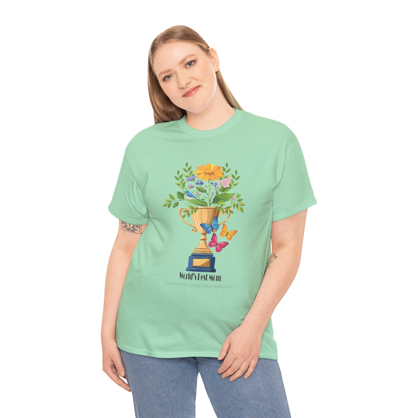 Floral Trophy for Mom Unisex Heavy Cotton Tee - Celebrating Achievement with Butterflies