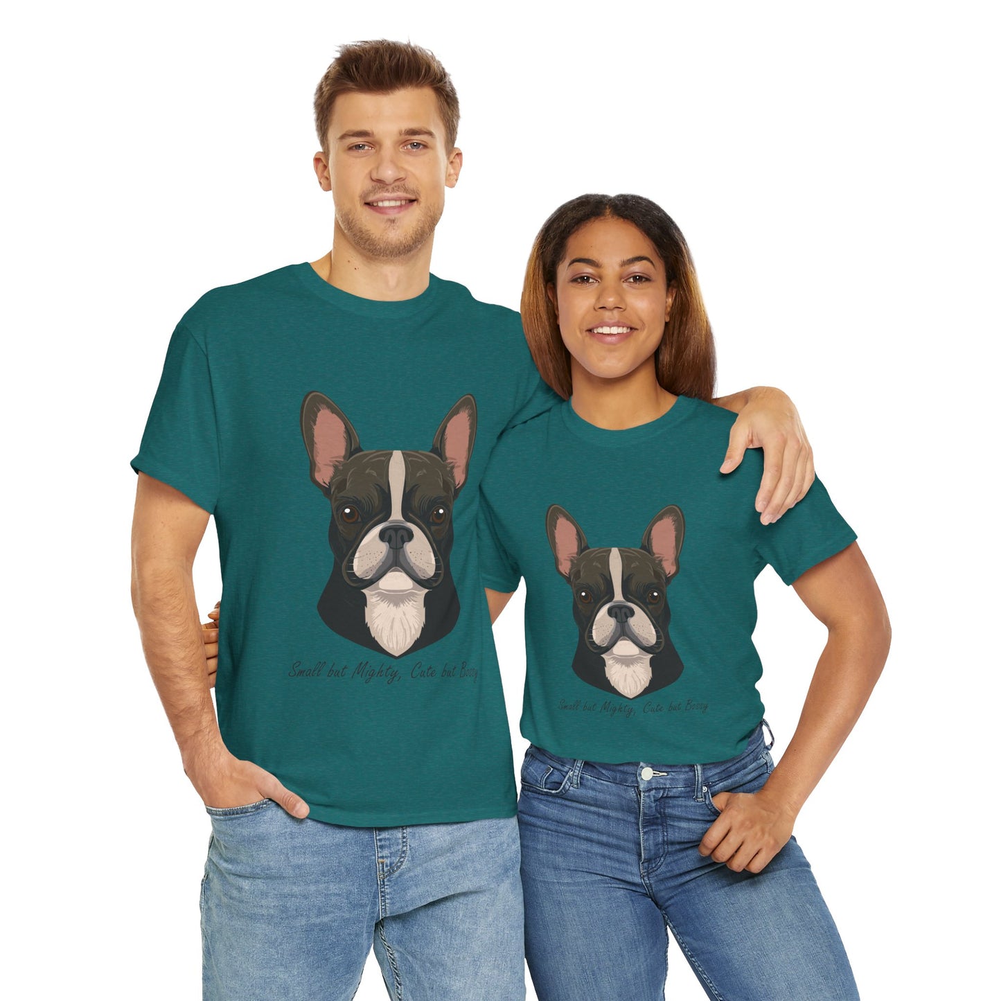 Camiseta unisex de algodón grueso con diseño de bulldog francés: pequeño pero poderoso, lindo pero mandón.