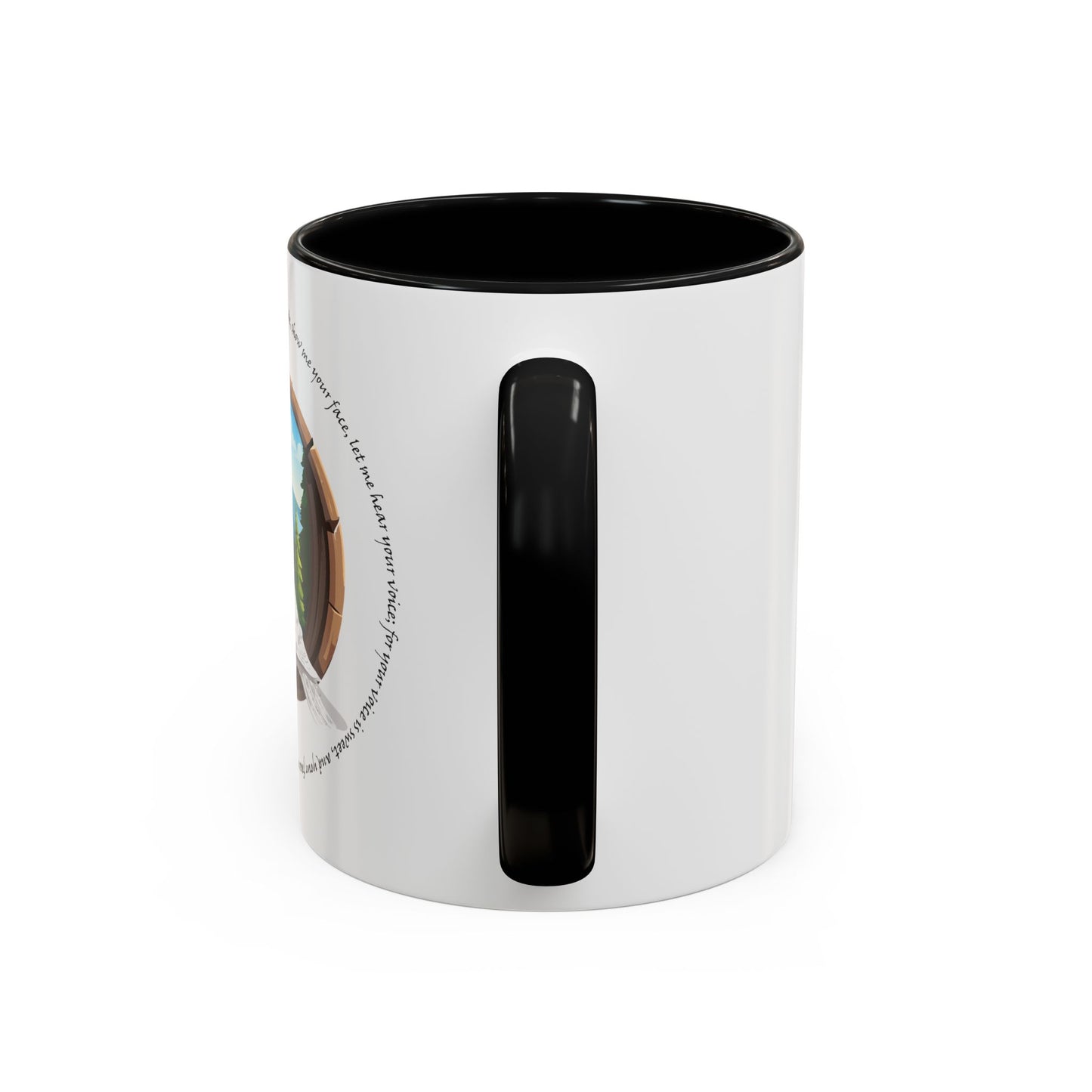Taza de café con detalles inspirados en la naturaleza: diseño de montaña escénica y paloma apacible