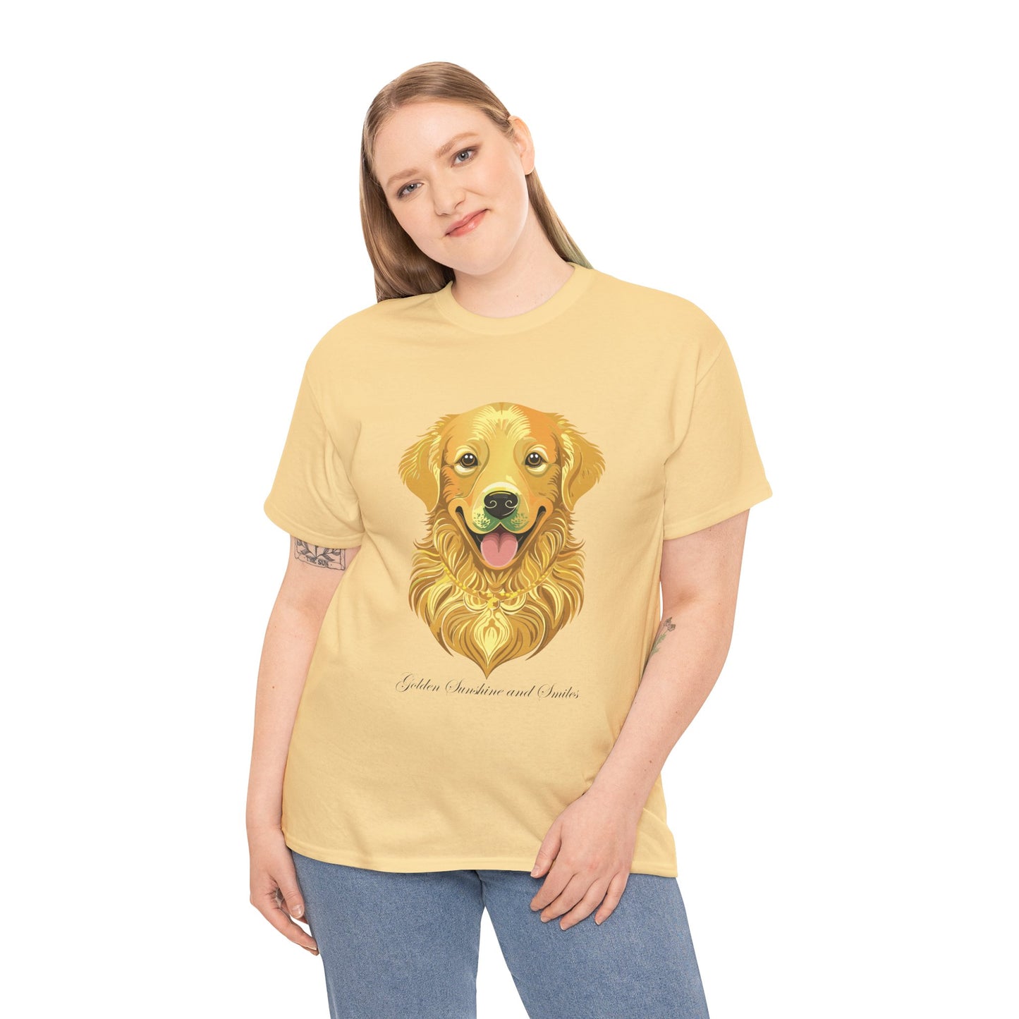 Golden Retriever - Camiseta unisex de algodón grueso con sol y sonrisas doradas