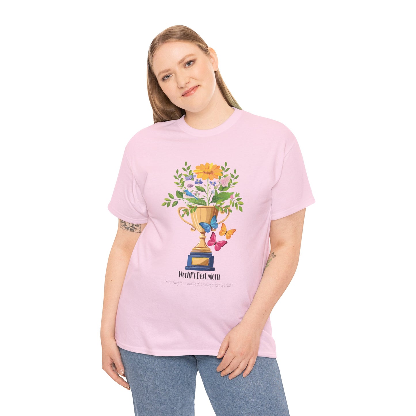 Floral Trophy for Mom Unisex Heavy Cotton Tee - Celebrating Achievement with Butterflies