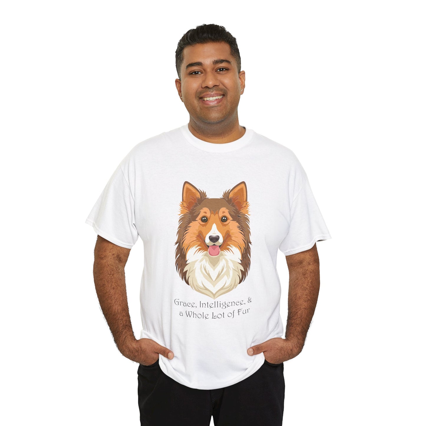 Camiseta unisex de algodón grueso con diseño de perro pastor de Shetland: gracia, inteligencia y mucho pelo