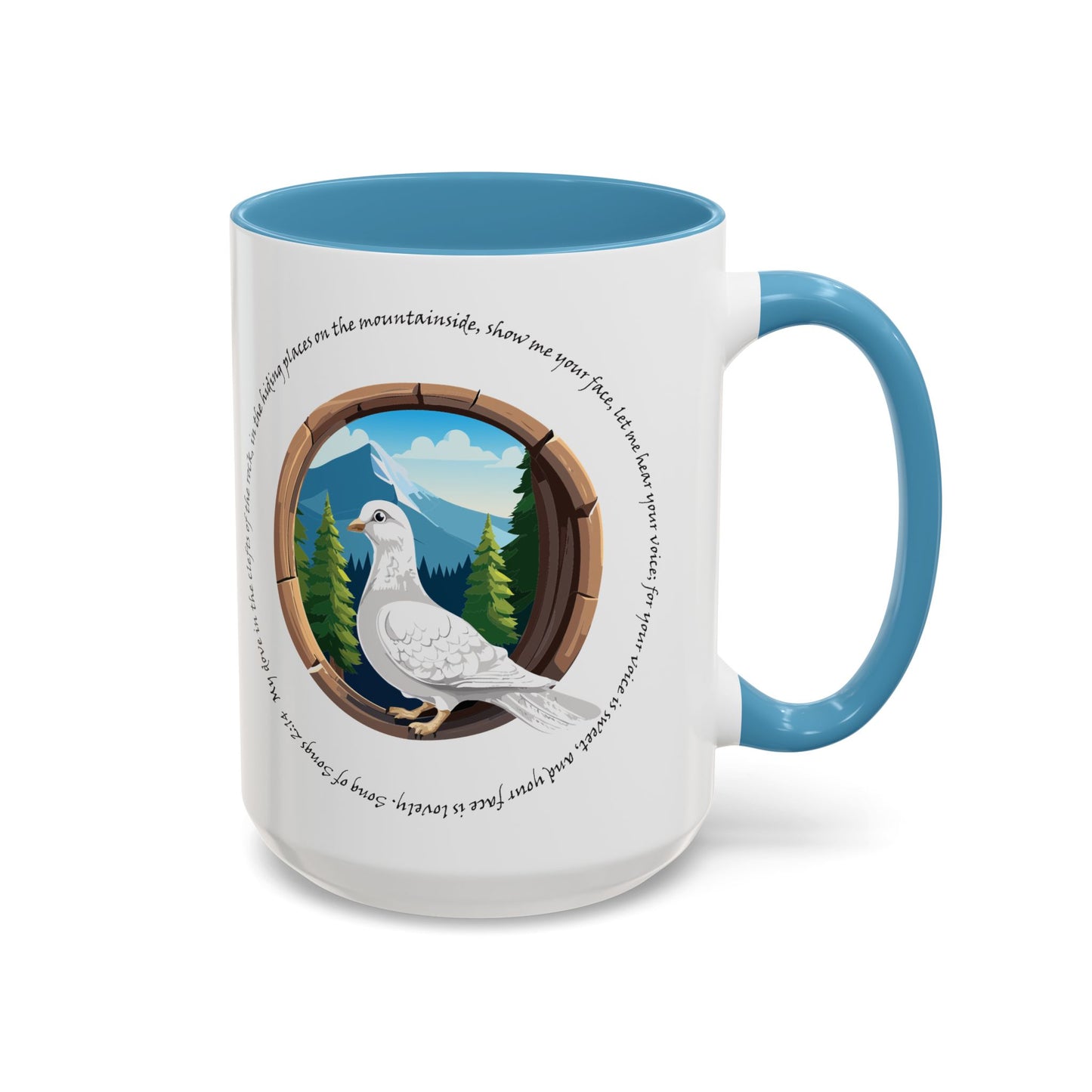 Taza de café con detalles inspirados en la naturaleza: diseño de montaña escénica y paloma apacible