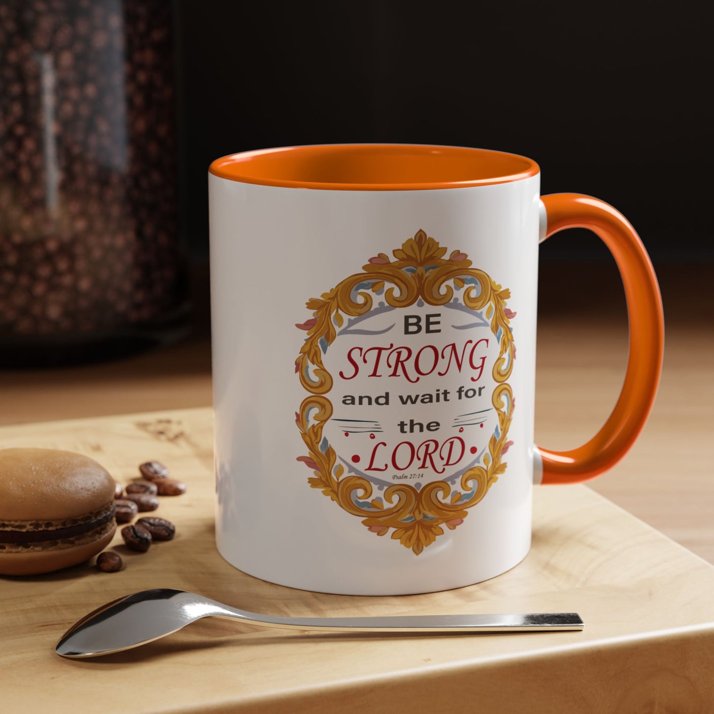 Taza de café con acento inspirador: "Esfuérzate y espera en el Señor"