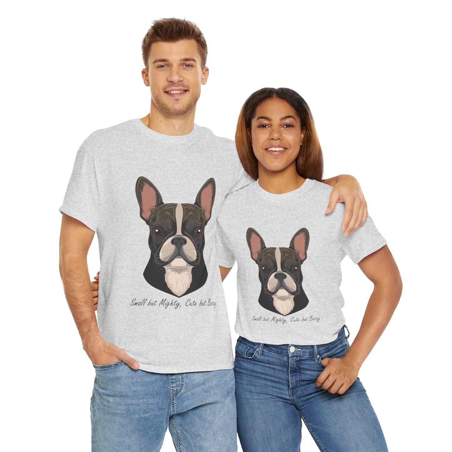 Camiseta unisex de algodón grueso con diseño de bulldog francés: pequeño pero poderoso, lindo pero mandón.