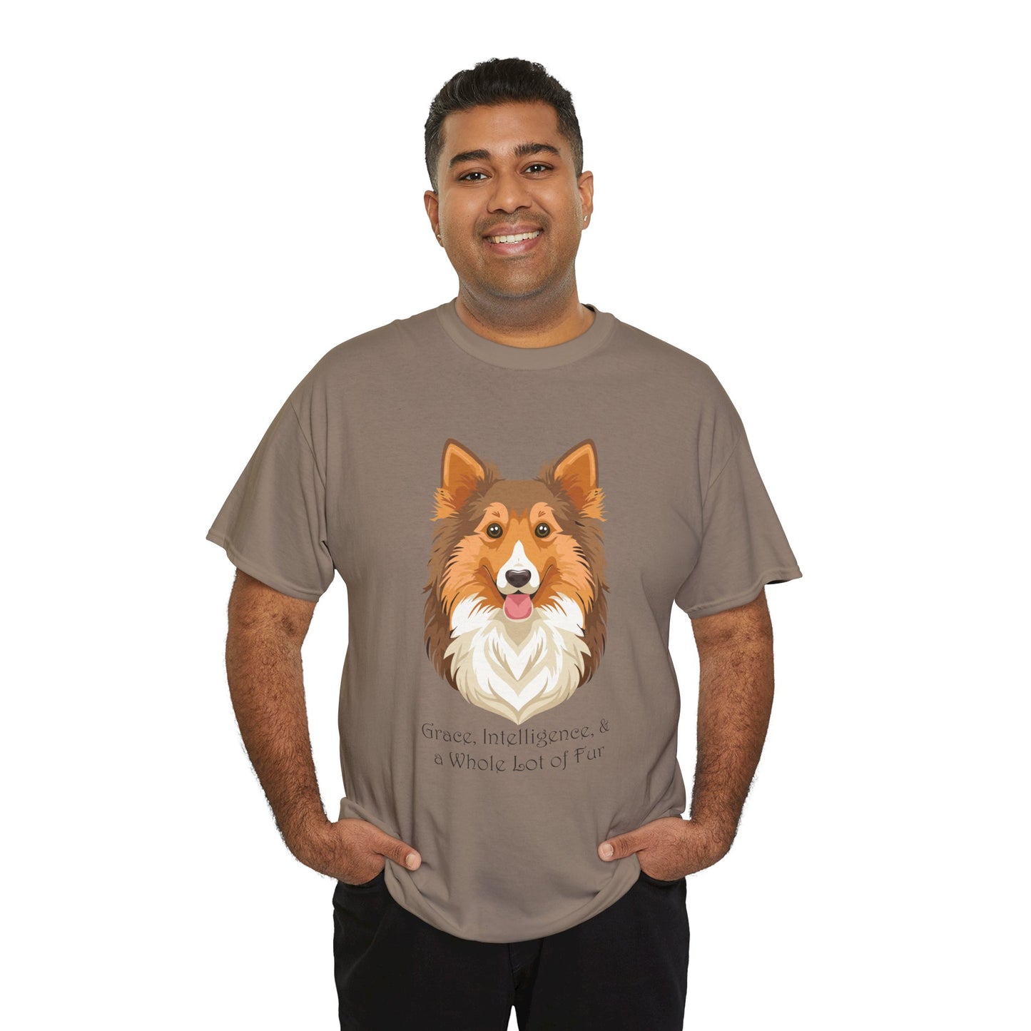 Camiseta unisex de algodón grueso con diseño de perro pastor de Shetland: gracia, inteligencia y mucho pelo