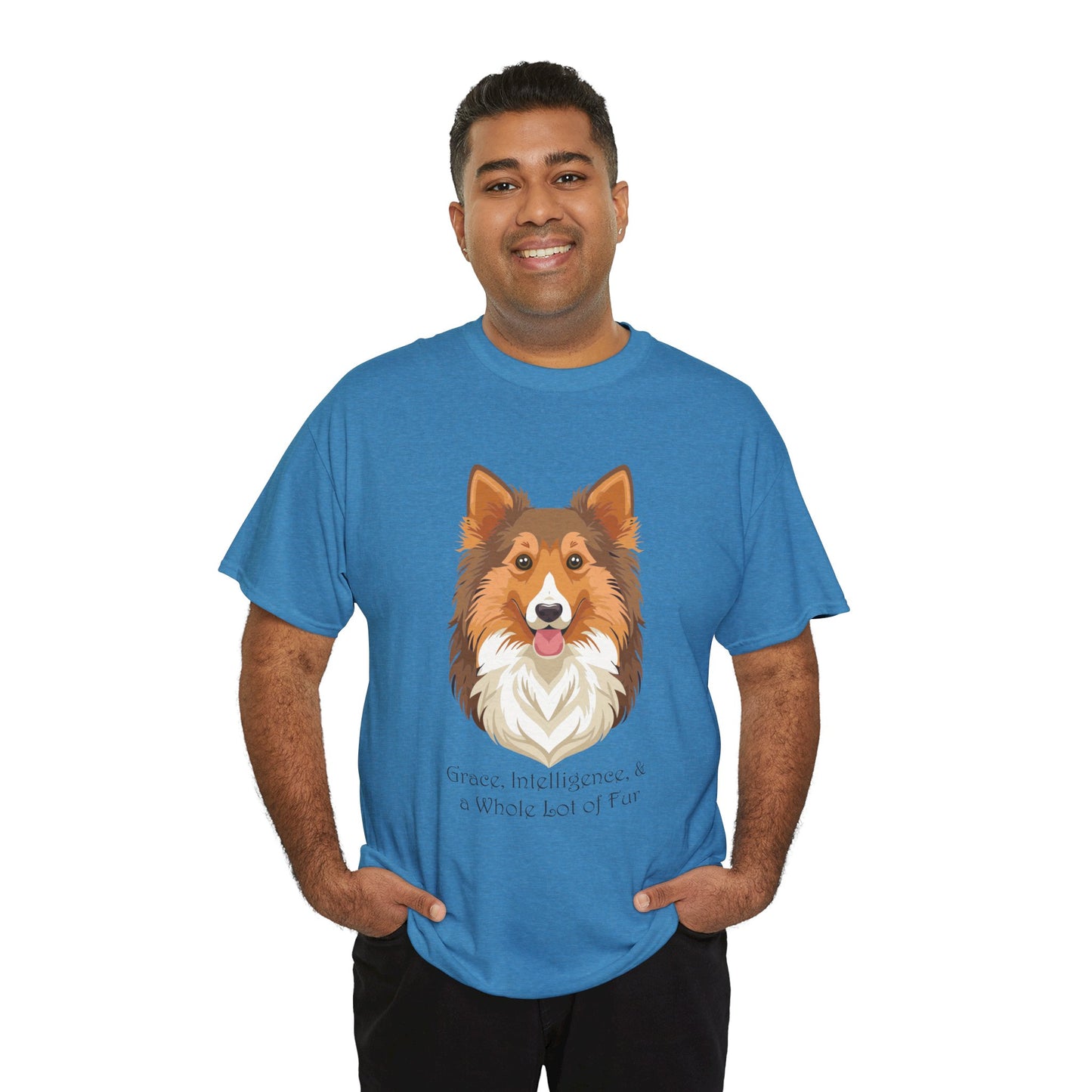 Camiseta unisex de algodón grueso con diseño de perro pastor de Shetland: gracia, inteligencia y mucho pelo