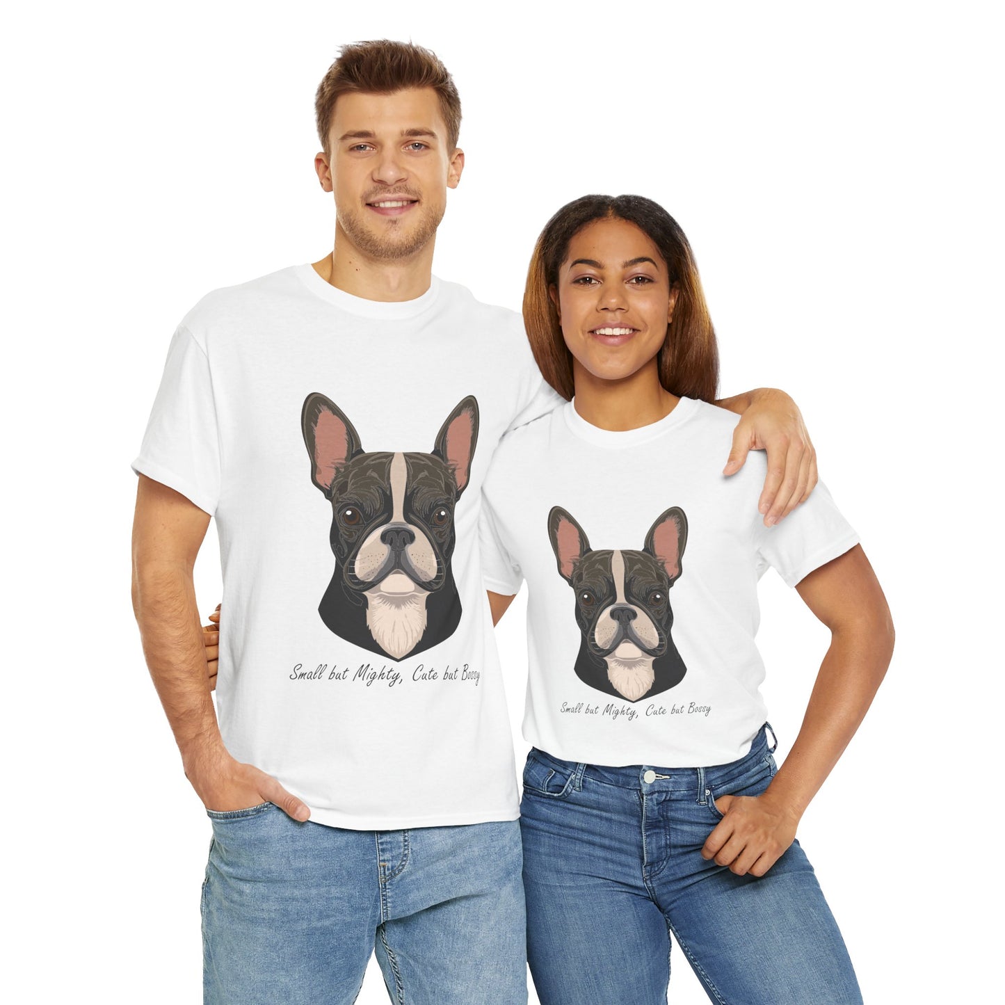 Camiseta unisex de algodón grueso con diseño de bulldog francés: pequeño pero poderoso, lindo pero mandón.