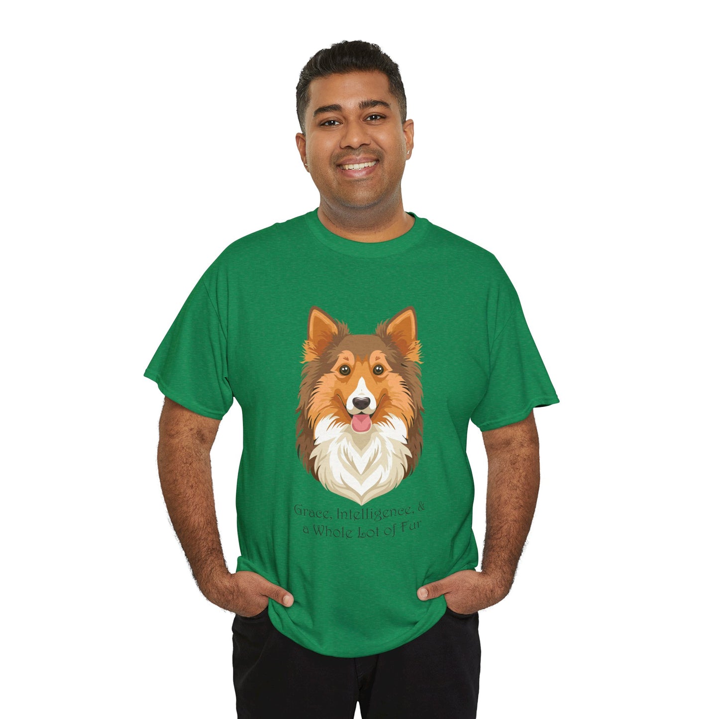 Camiseta unisex de algodón grueso con diseño de perro pastor de Shetland: gracia, inteligencia y mucho pelo