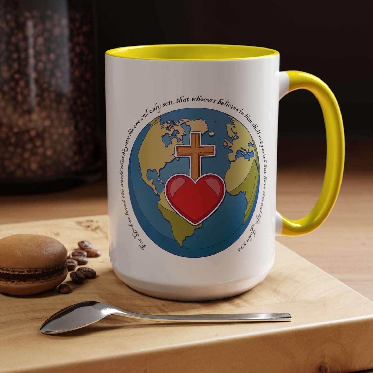 Taza de café con acento inspirador: diseño de fe y amor, perfecta para la motivación diaria.