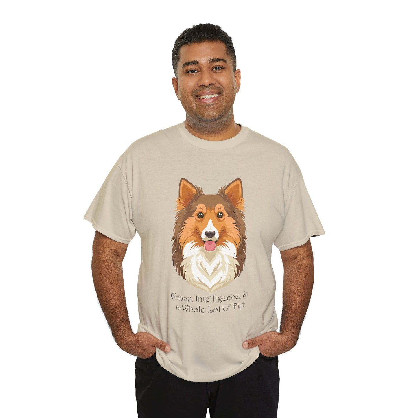 Camiseta unisex de algodón grueso con diseño de perro pastor de Shetland: gracia, inteligencia y mucho pelo