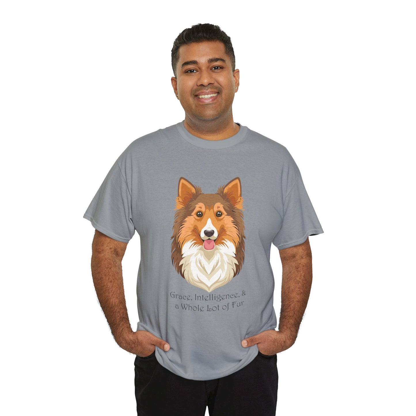 Camiseta unisex de algodón grueso con diseño de perro pastor de Shetland: gracia, inteligencia y mucho pelo