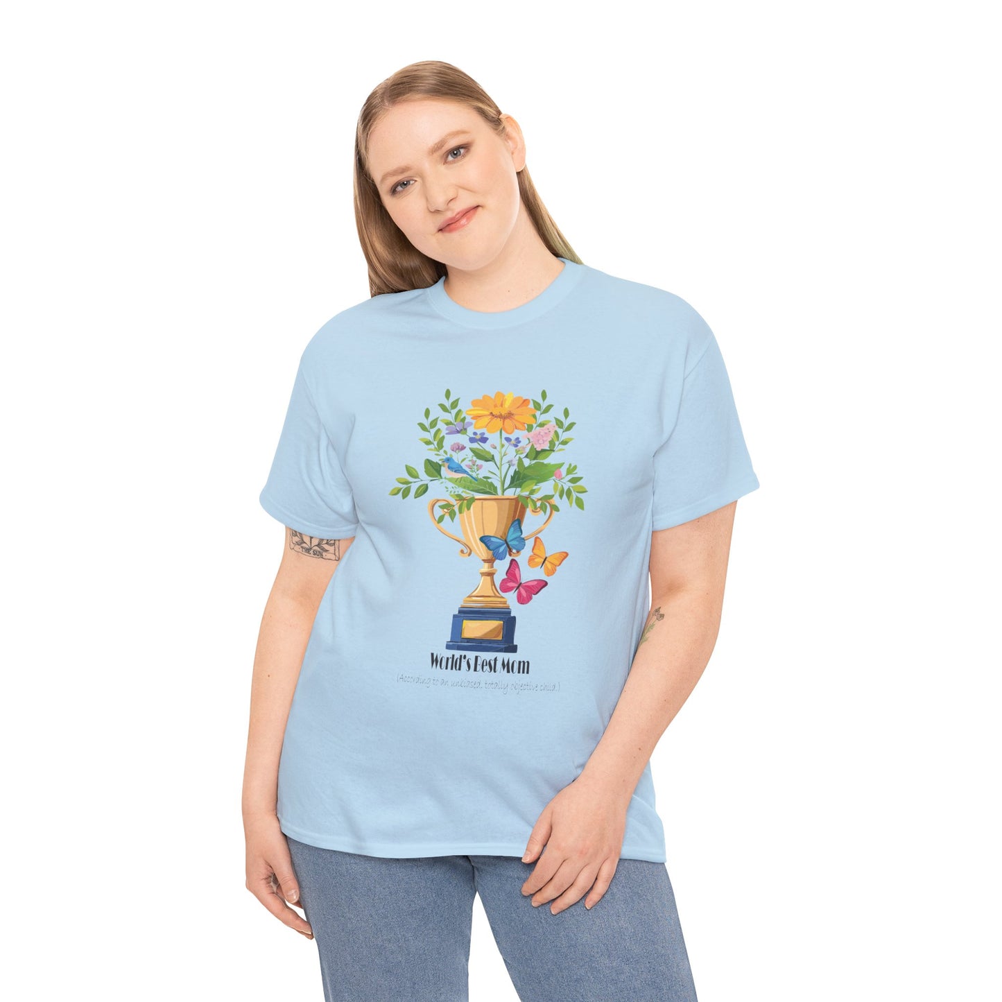 Floral Trophy for Mom Unisex Heavy Cotton Tee - Celebrating Achievement with Butterflies