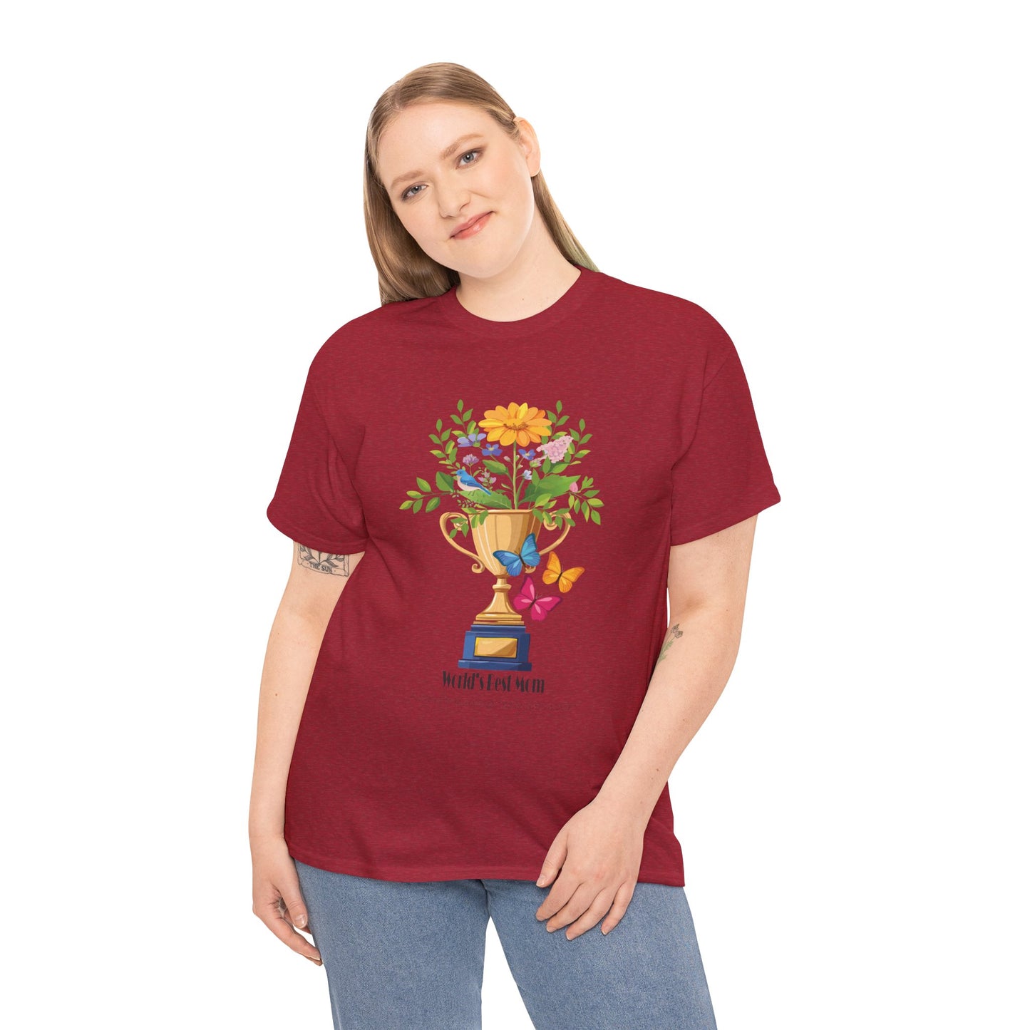 Floral Trophy for Mom Unisex Heavy Cotton Tee - Celebrating Achievement with Butterflies