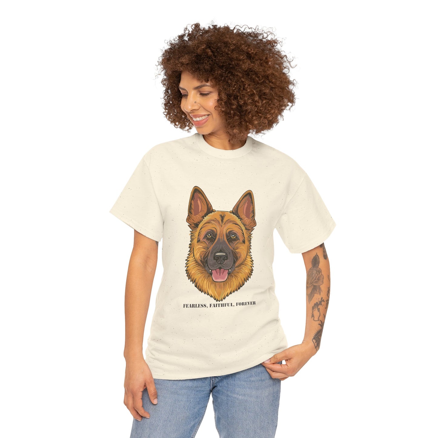 Camiseta unisex de algodón grueso con diseño de pastor alemán: valiente, fiel y eterno.