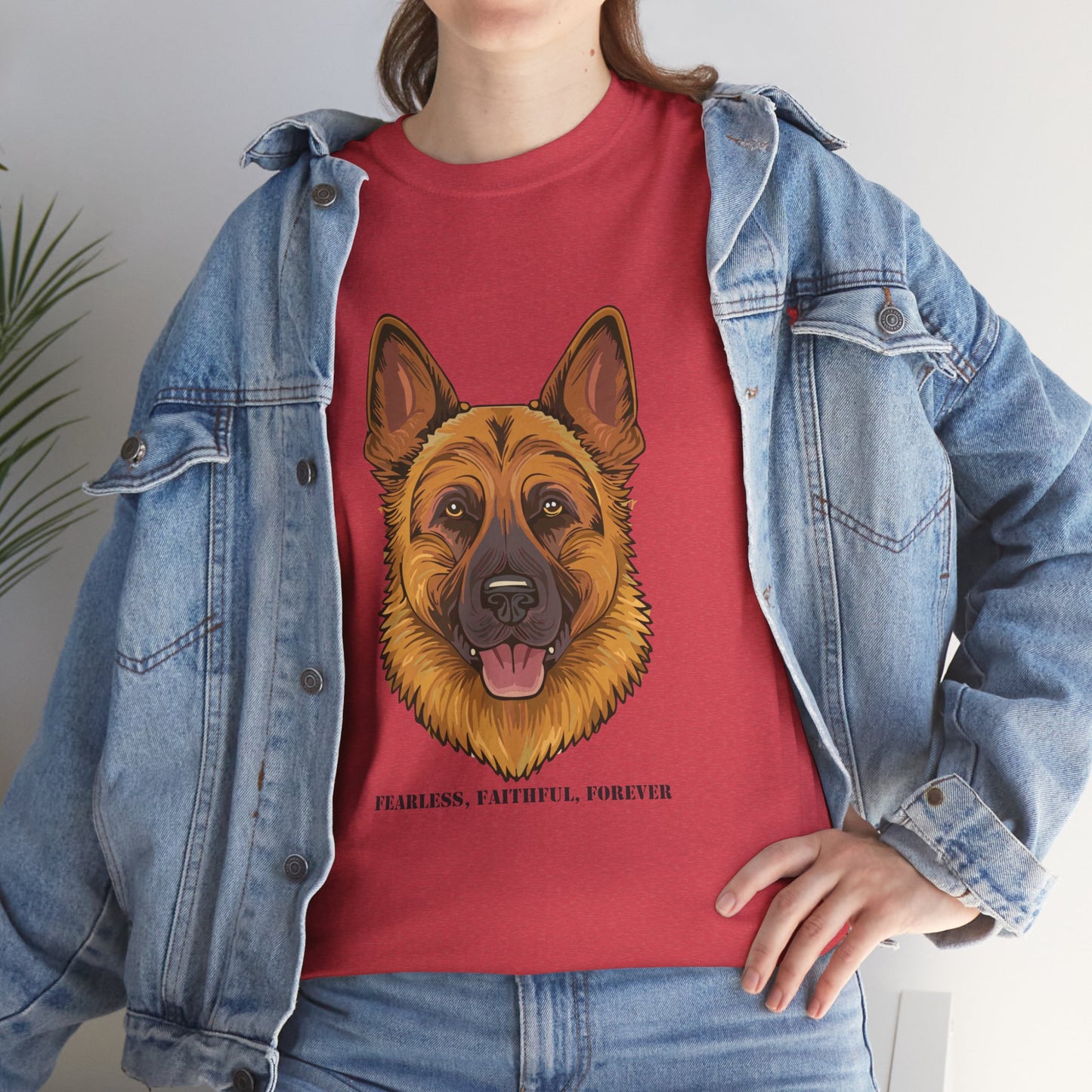 Camiseta unisex de algodón grueso con diseño de pastor alemán: valiente, fiel y eterno.