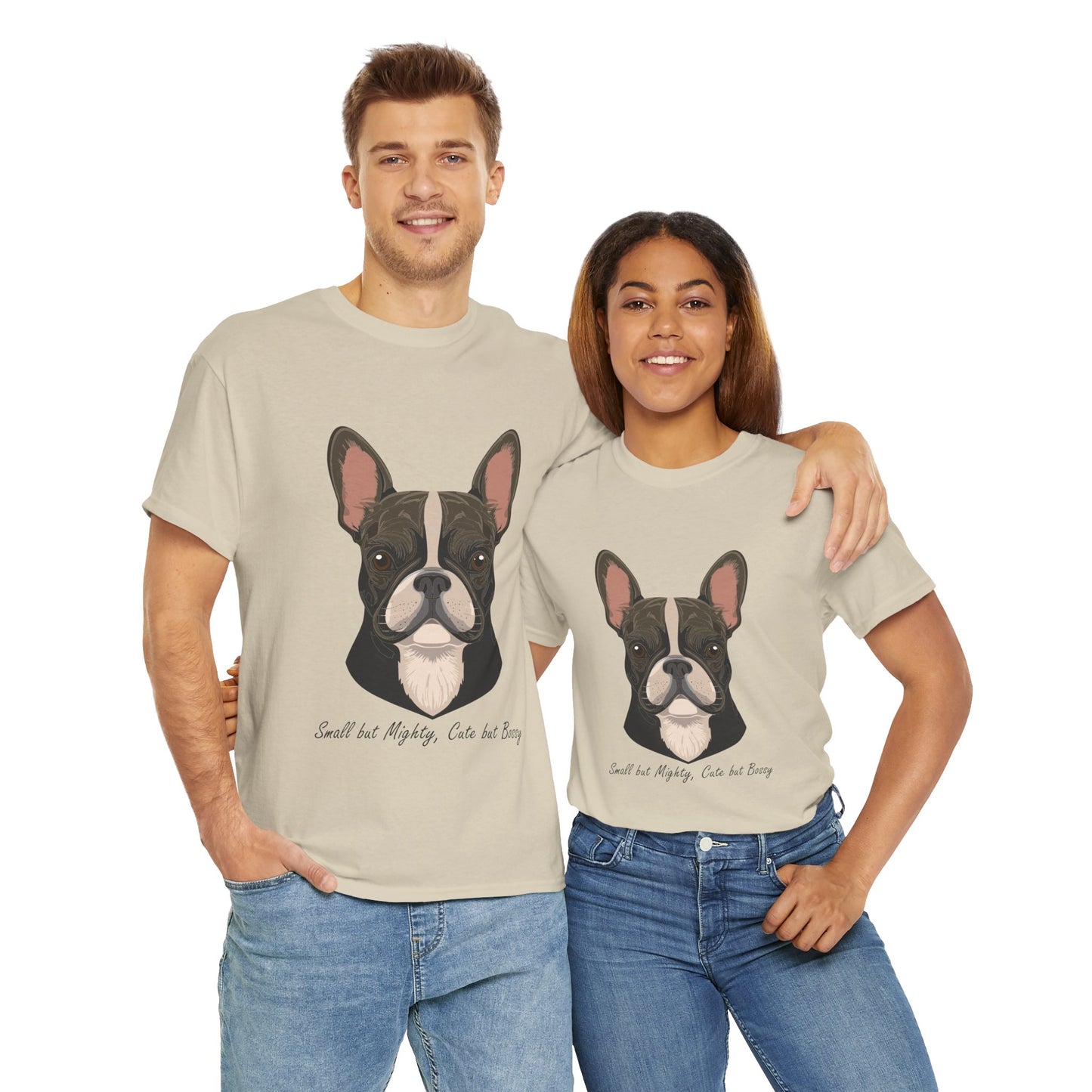 Camiseta unisex de algodón grueso con diseño de bulldog francés: pequeño pero poderoso, lindo pero mandón.