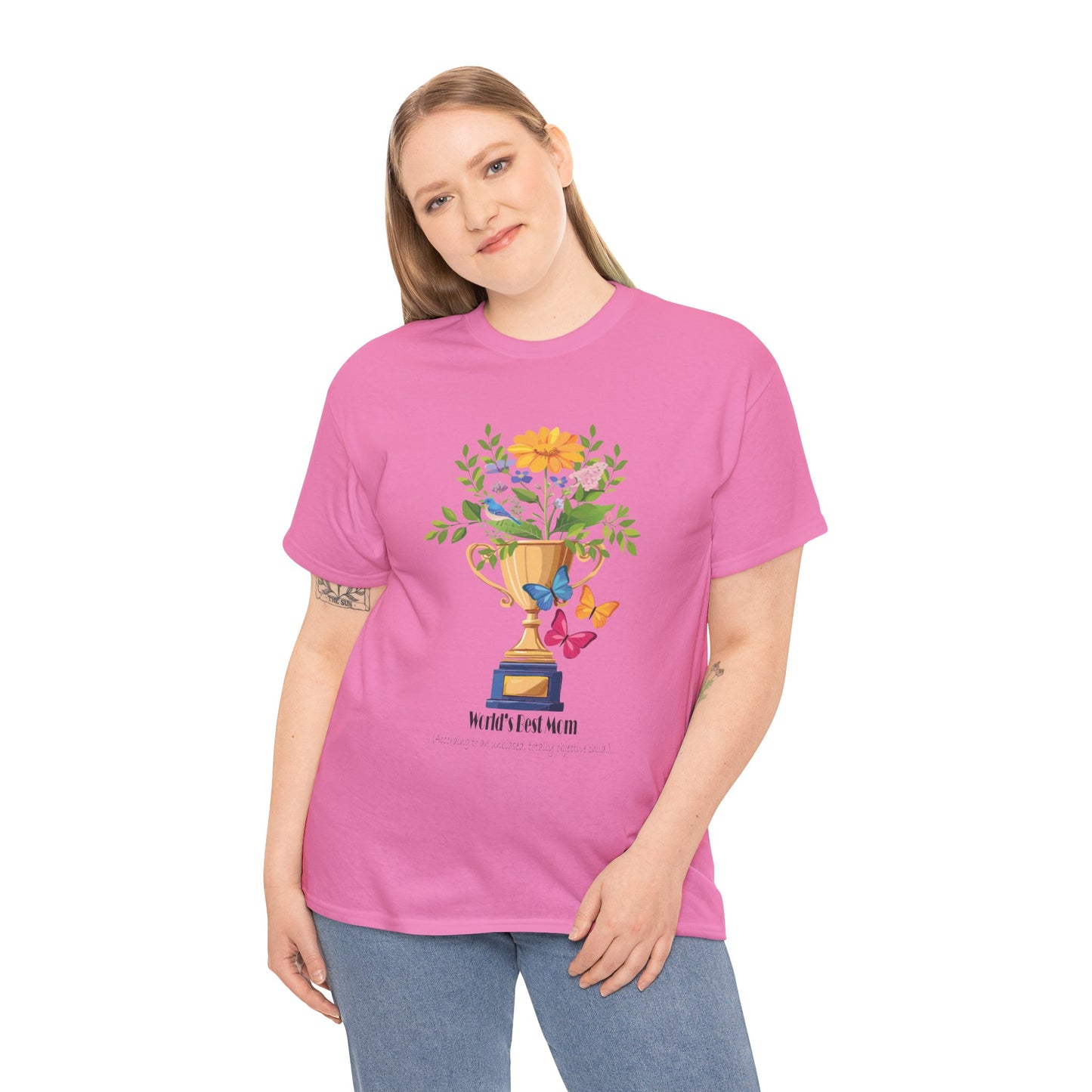 Floral Trophy for Mom Unisex Heavy Cotton Tee - Celebrating Achievement with Butterflies