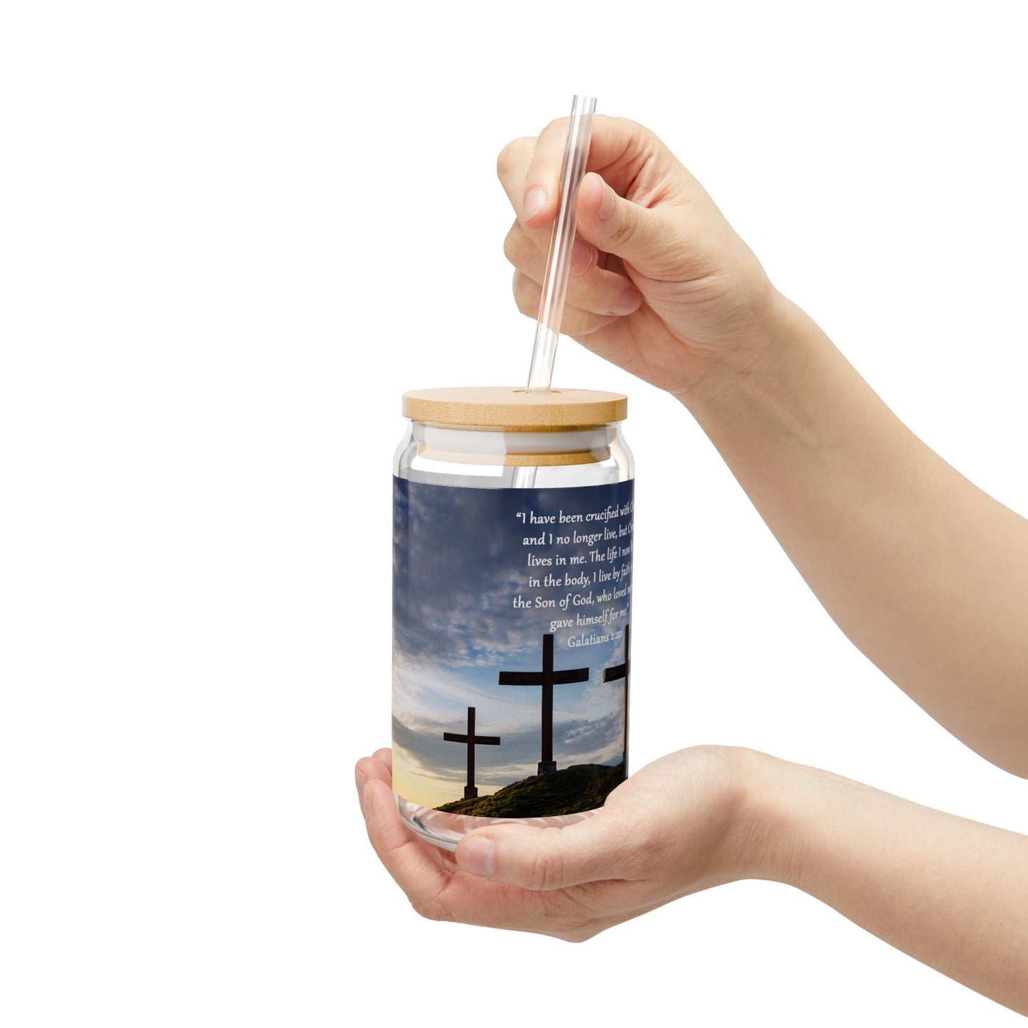 Vaso inspirador con frase de fe "Tres Cruces" - 16 oz - Vaso ecológico