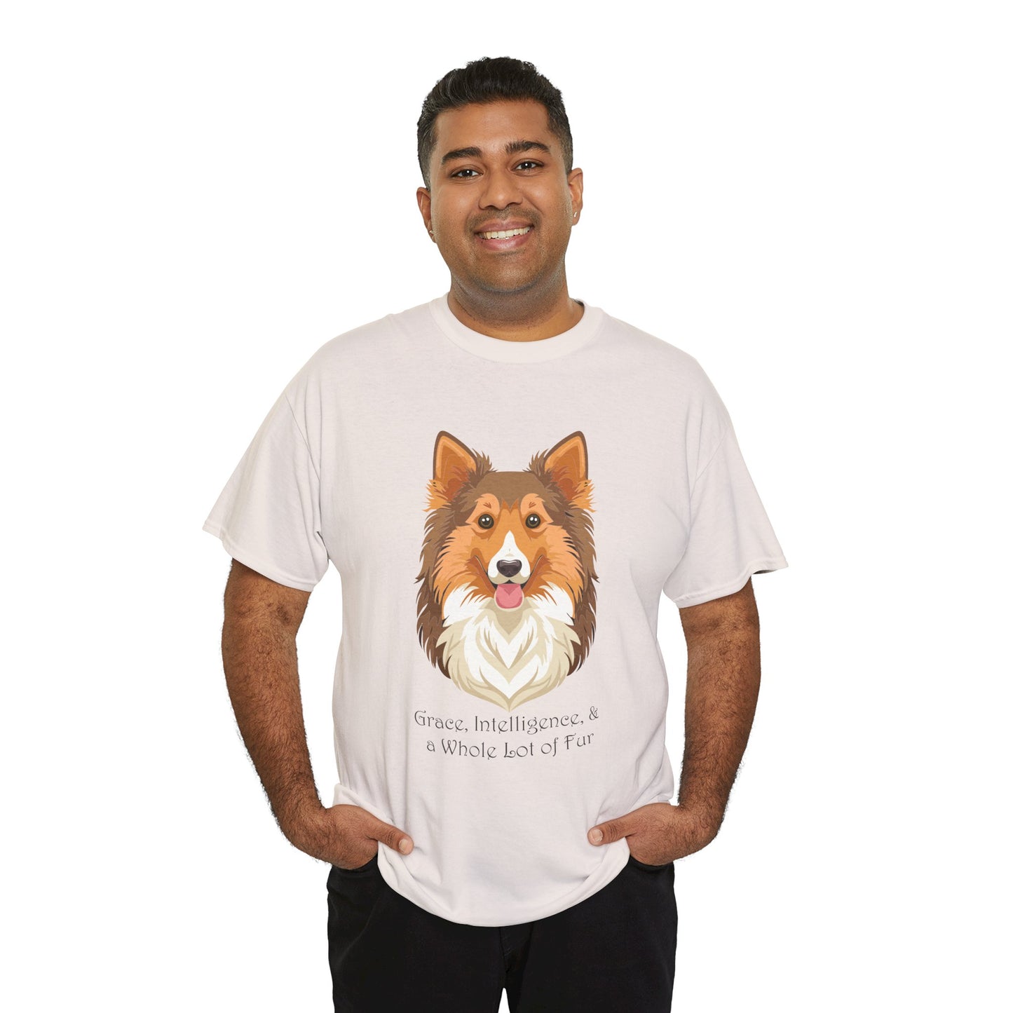 Camiseta unisex de algodón grueso con diseño de perro pastor de Shetland: gracia, inteligencia y mucho pelo