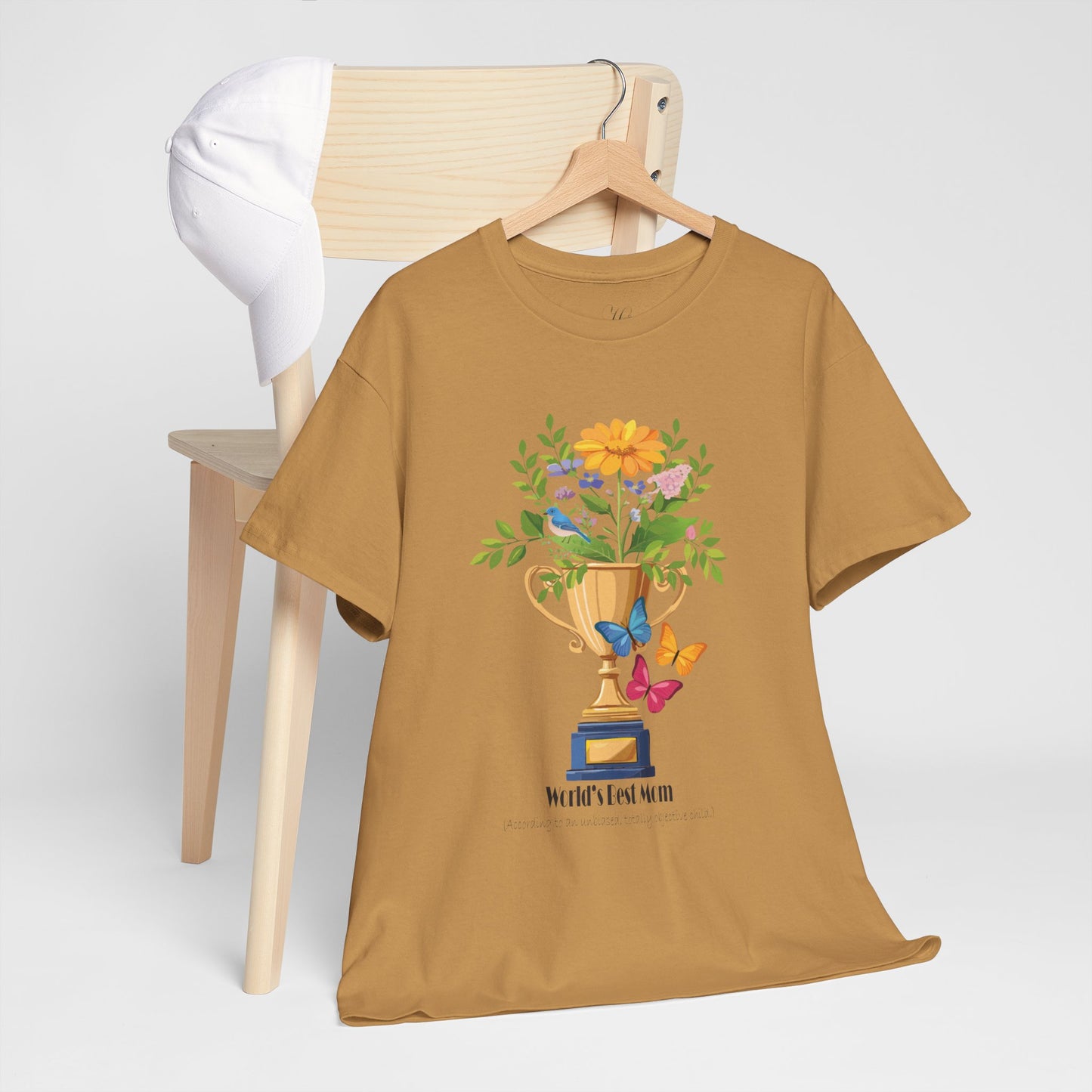 Floral Trophy for Mom Unisex Heavy Cotton Tee - Celebrating Achievement with Butterflies