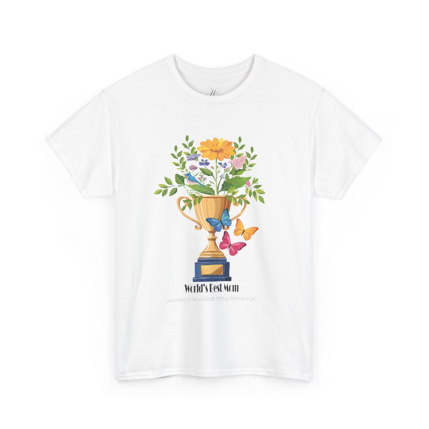 Floral Trophy for Mom Unisex Heavy Cotton Tee - Celebrating Achievement with Butterflies