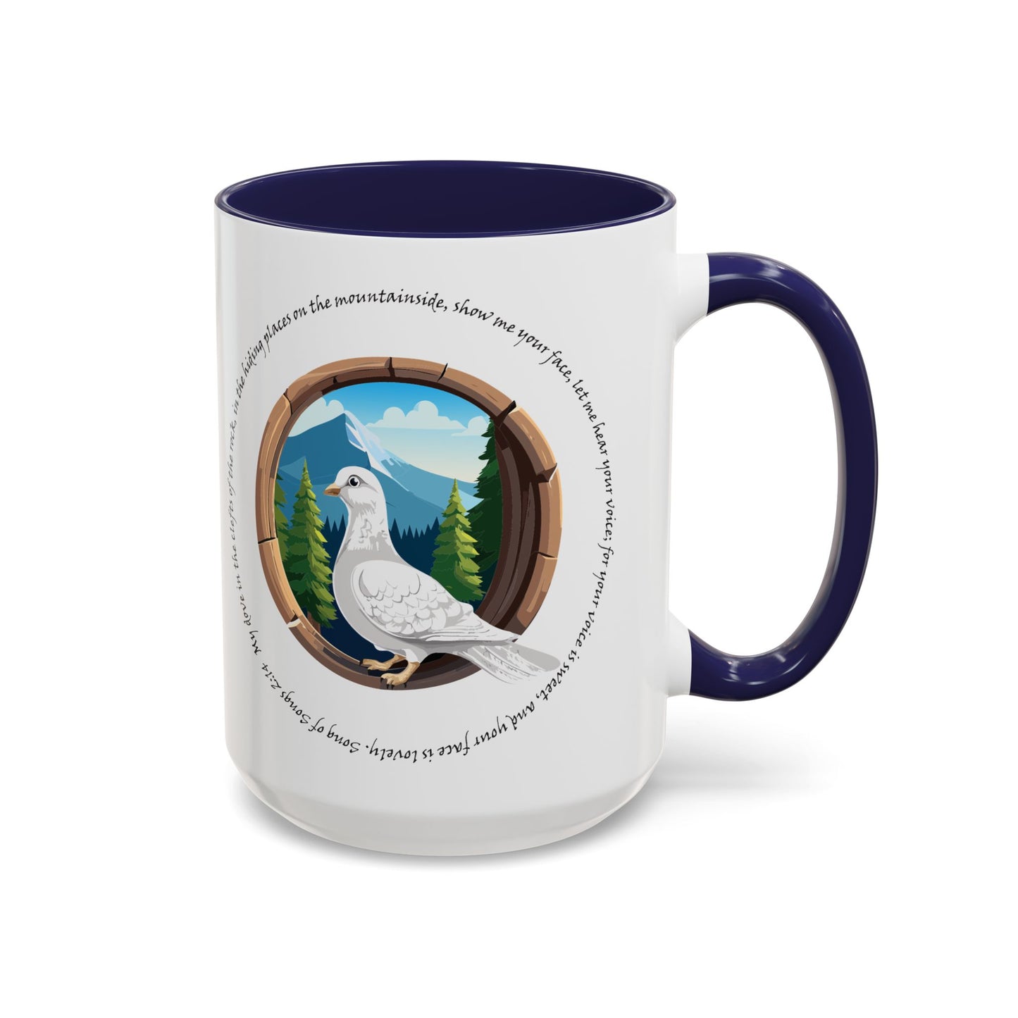 Taza de café con detalles inspirados en la naturaleza: diseño de montaña escénica y paloma apacible