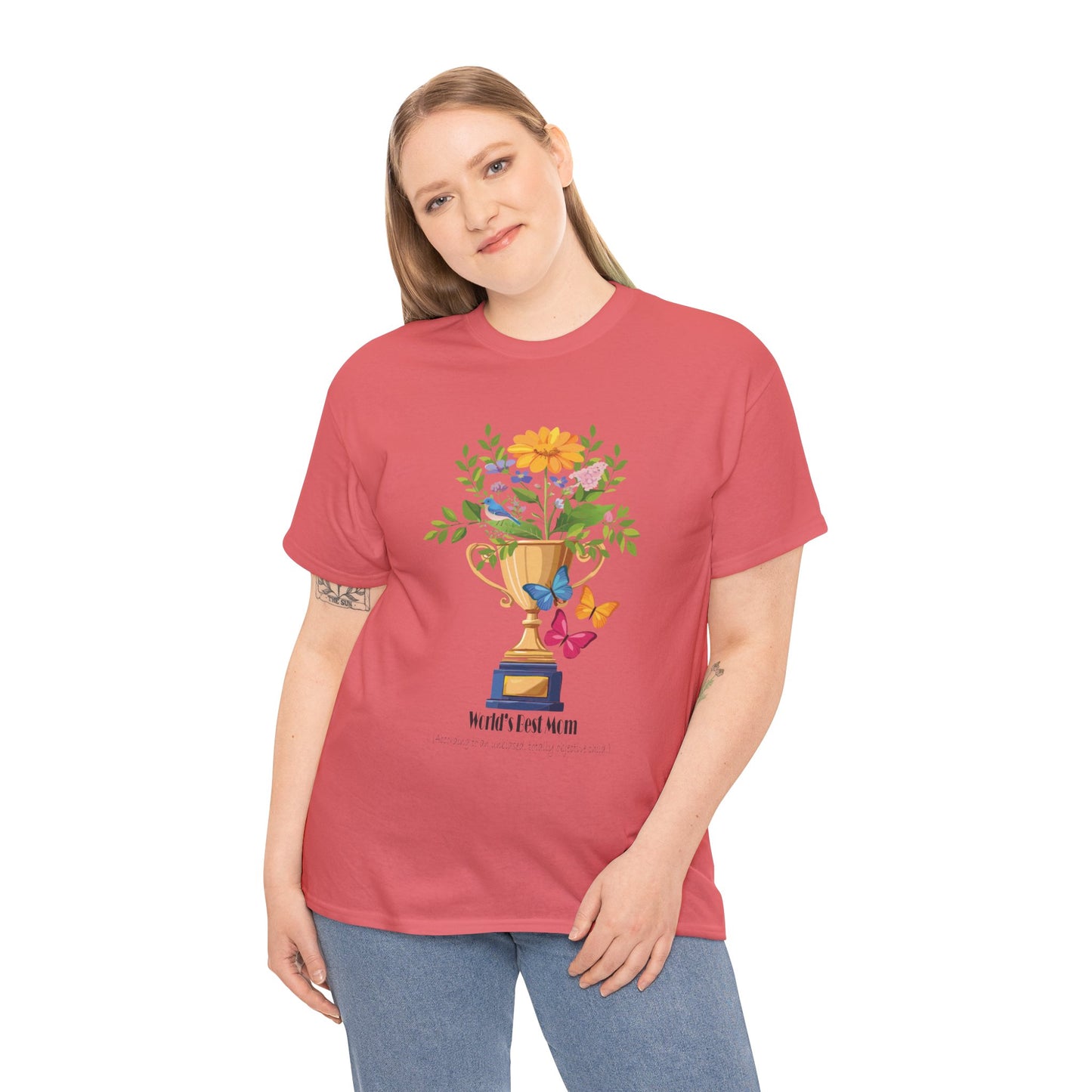 Floral Trophy for Mom Unisex Heavy Cotton Tee - Celebrating Achievement with Butterflies