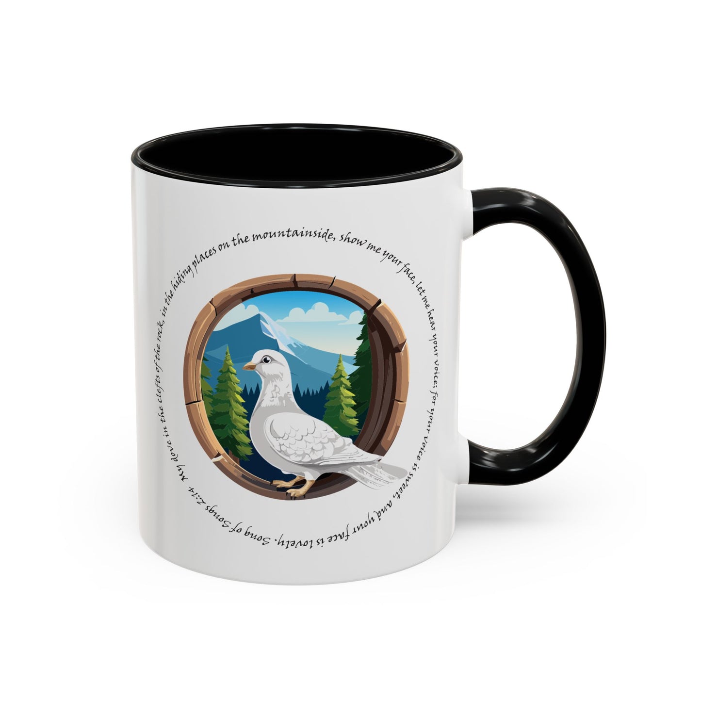 Taza de café con detalles inspirados en la naturaleza: diseño de montaña escénica y paloma apacible