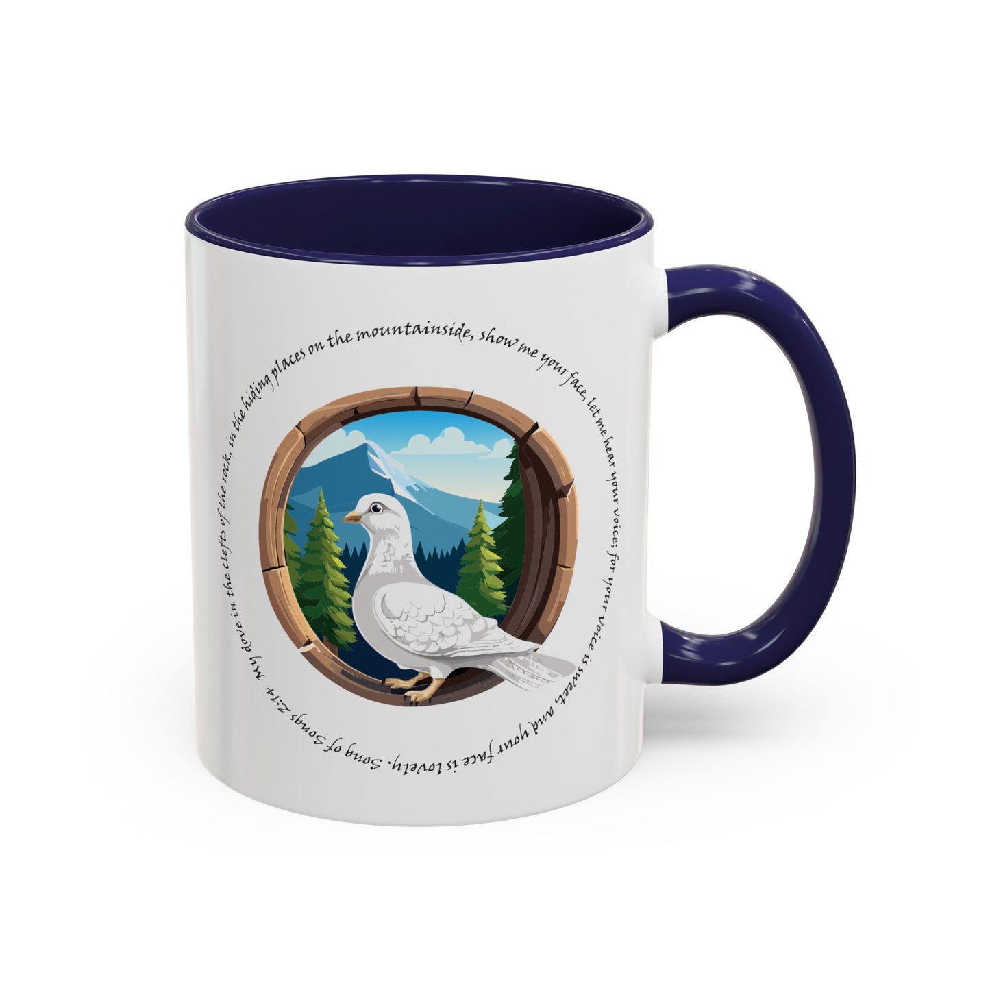 Taza de café con detalles inspirados en la naturaleza: diseño de montaña escénica y paloma apacible