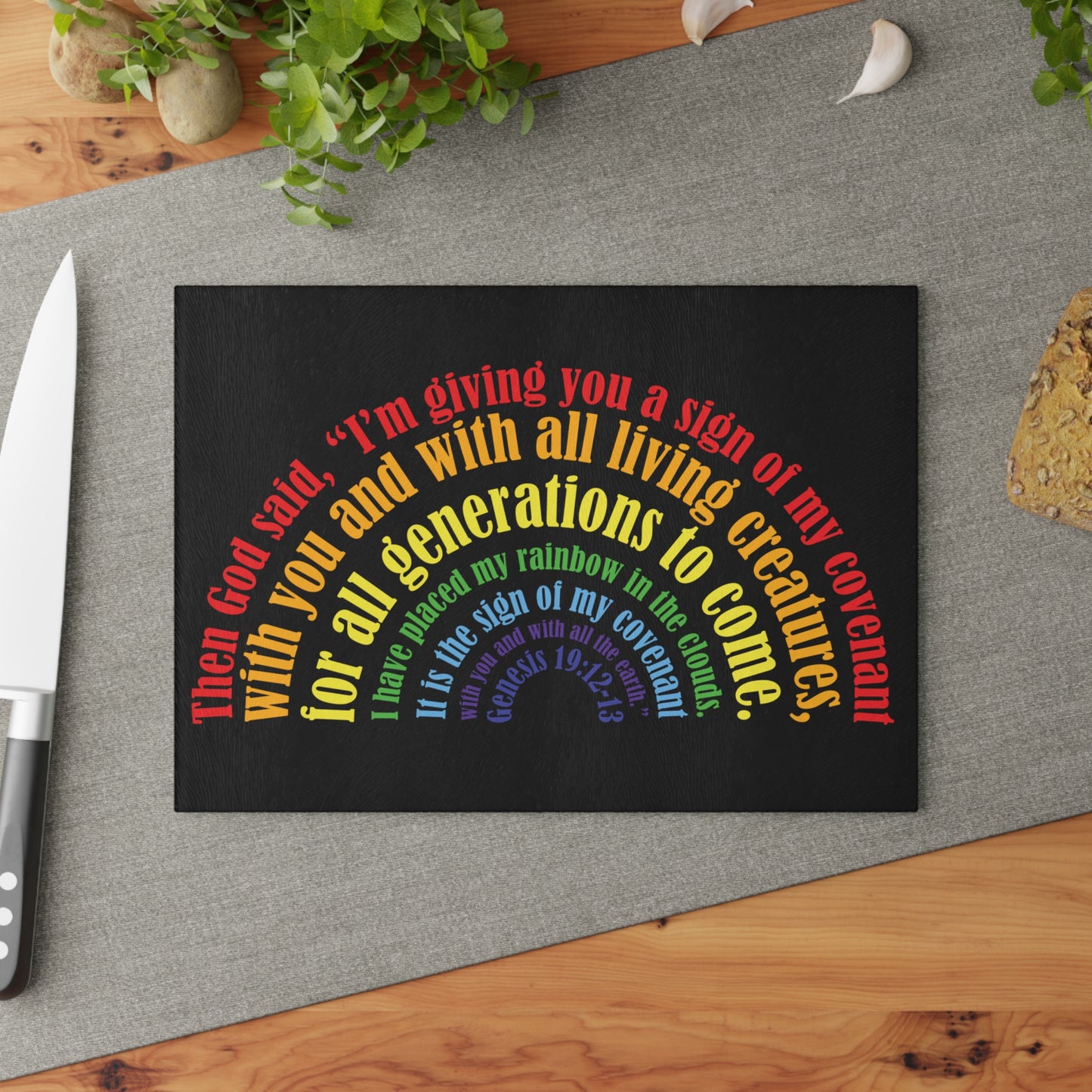 Tabla de cortar de vidrio inspiradora: diseño colorido con versículos bíblicos para cocinar en casa y regalar.