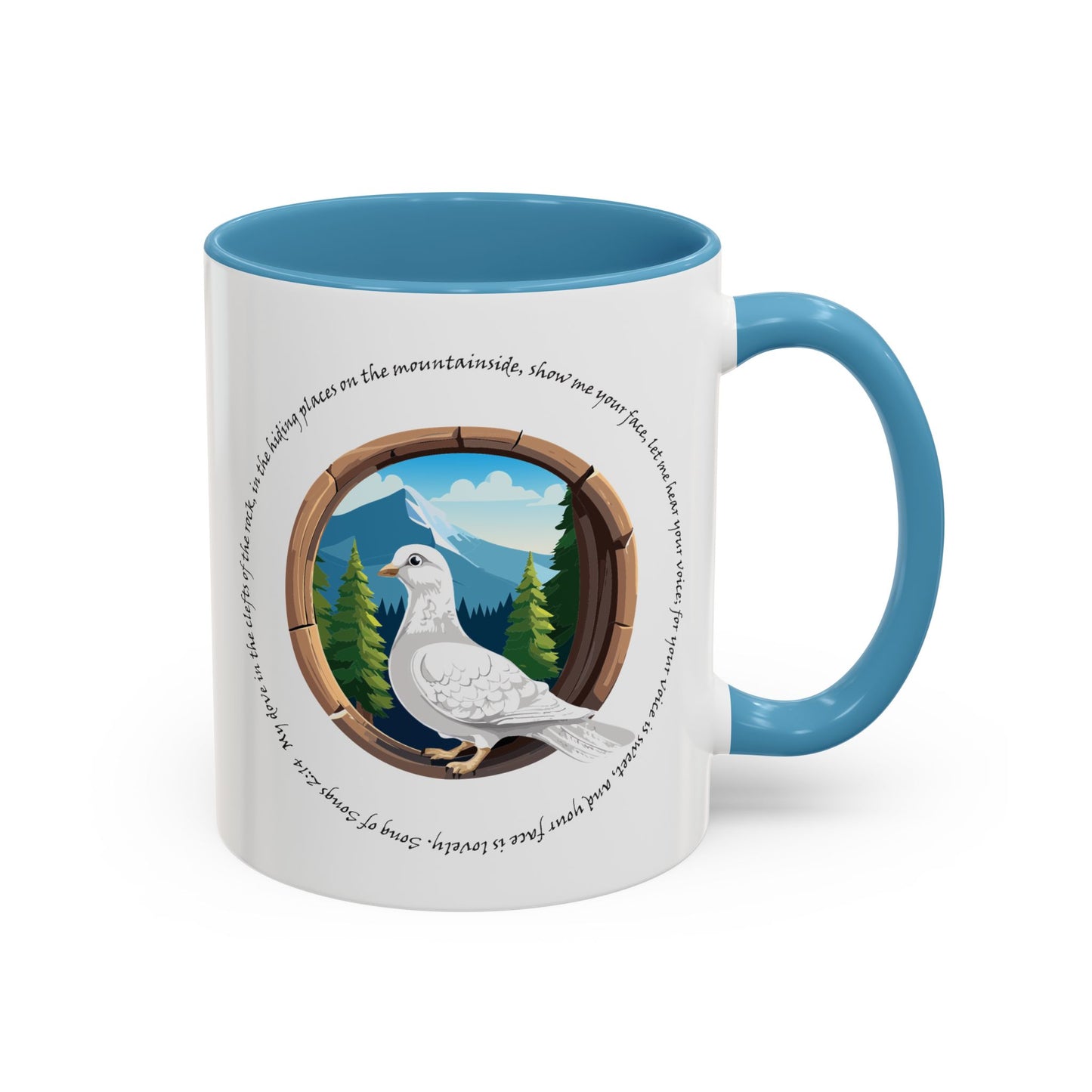 Taza de café con detalles inspirados en la naturaleza: diseño de montaña escénica y paloma apacible