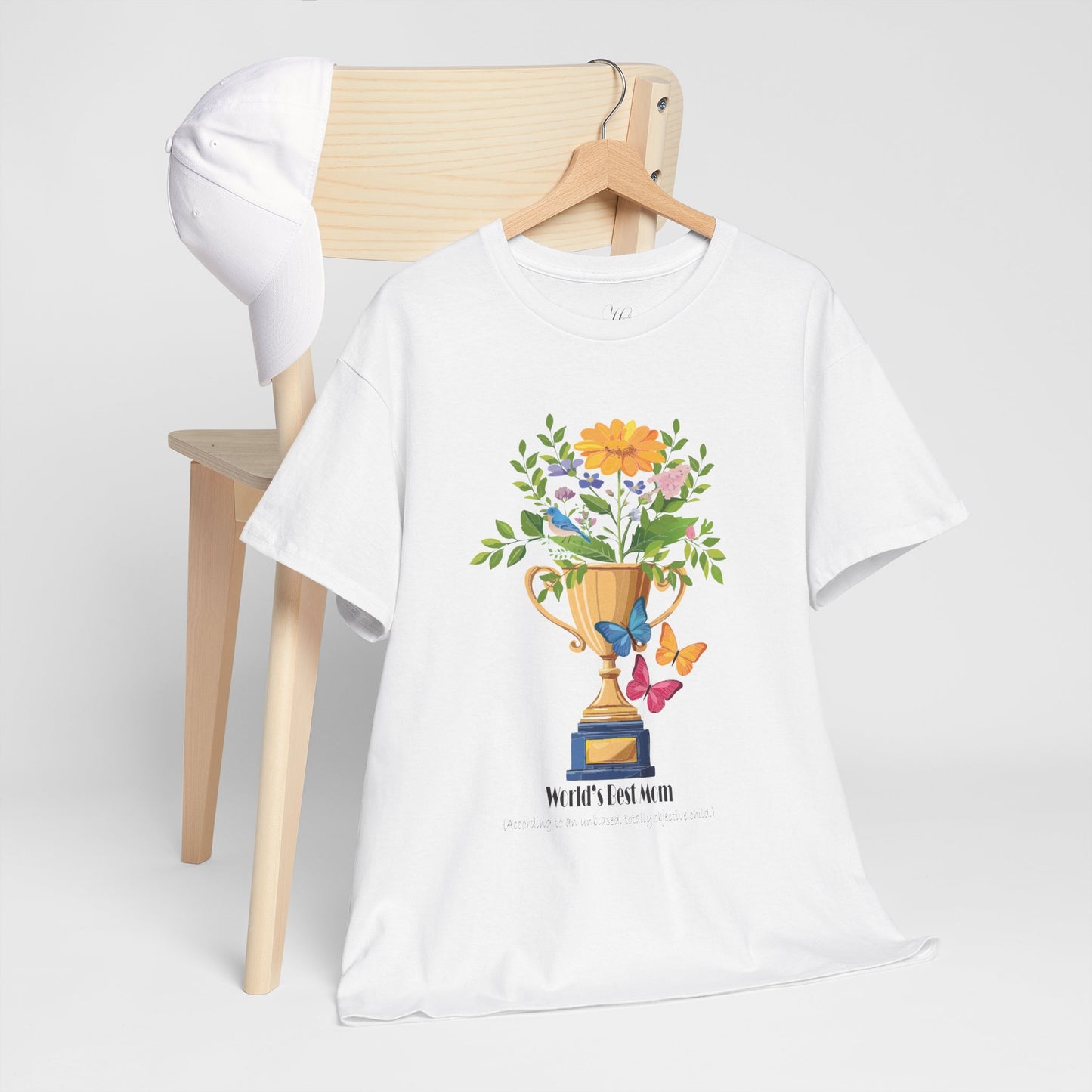Floral Trophy for Mom Unisex Heavy Cotton Tee - Celebrating Achievement with Butterflies