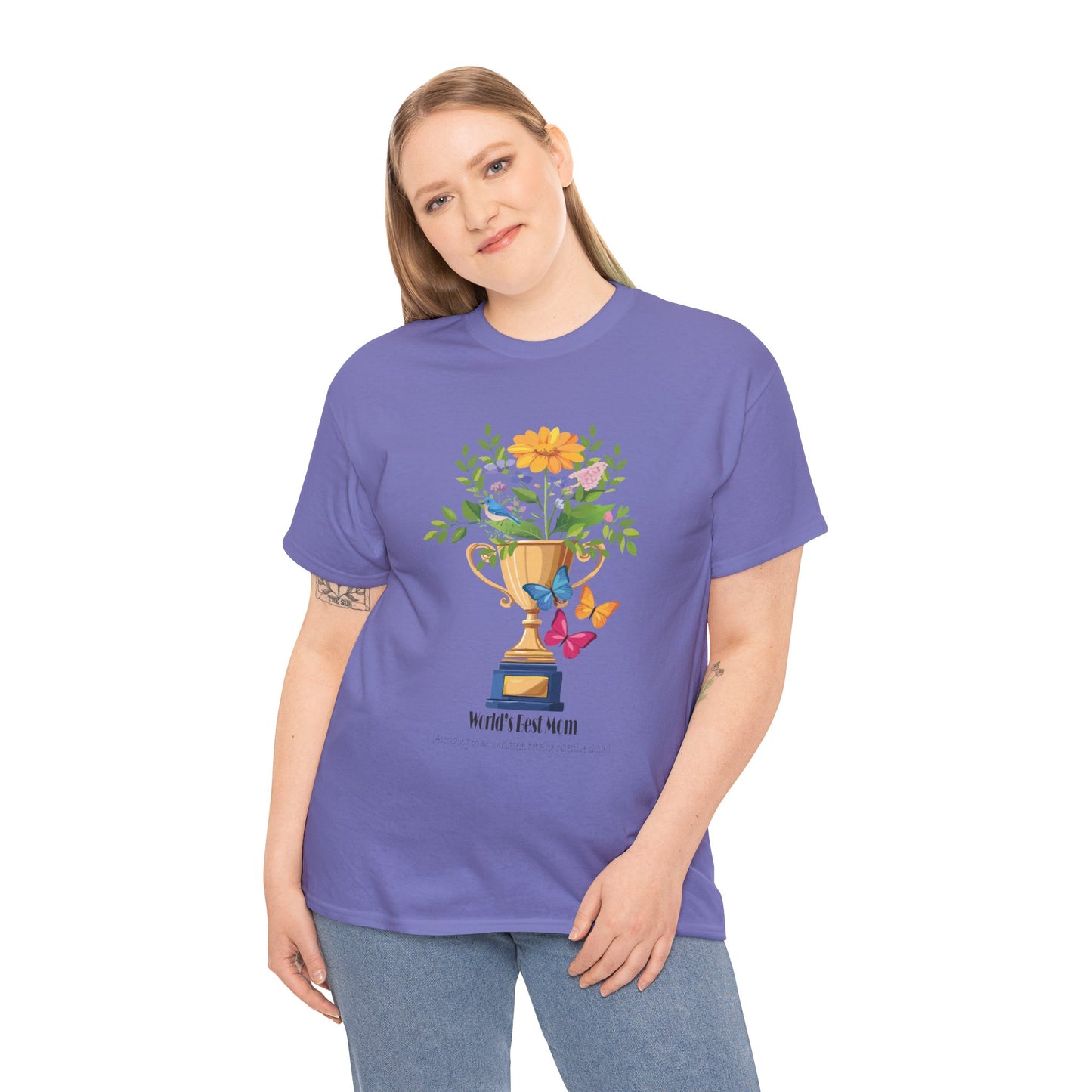 Floral Trophy for Mom Unisex Heavy Cotton Tee - Celebrating Achievement with Butterflies
