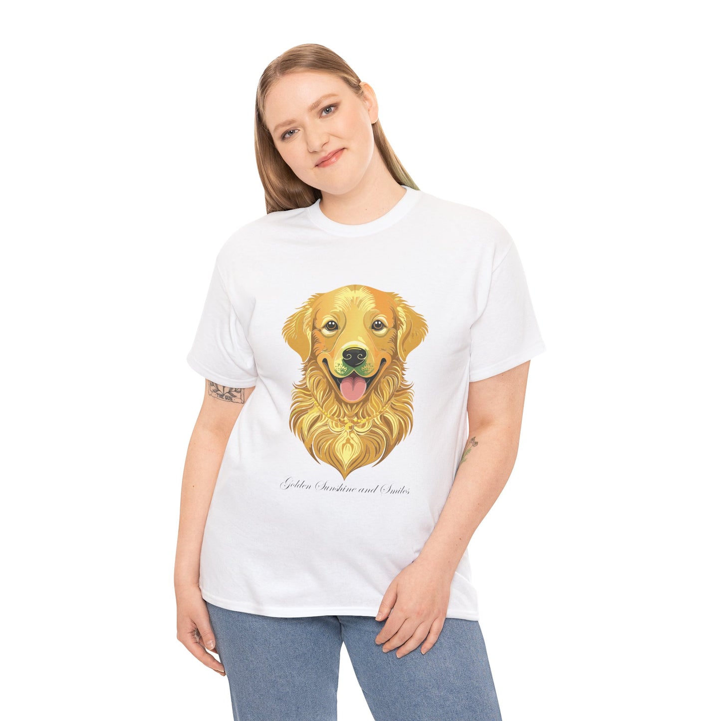 Golden Retriever - Camiseta unisex de algodón grueso con sol y sonrisas doradas