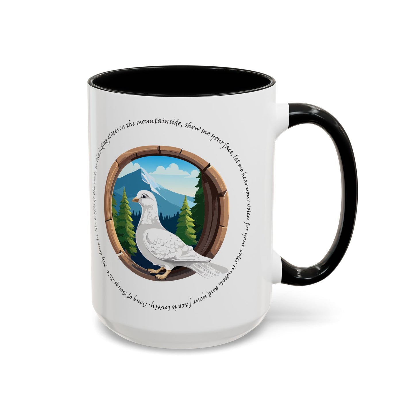 Taza de café con detalles inspirados en la naturaleza: diseño de montaña escénica y paloma apacible