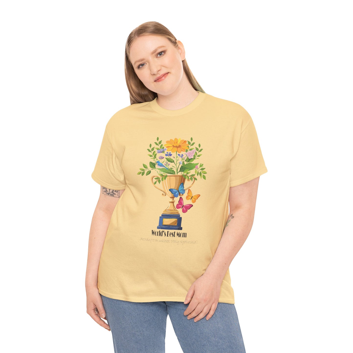 Floral Trophy for Mom Unisex Heavy Cotton Tee - Celebrating Achievement with Butterflies