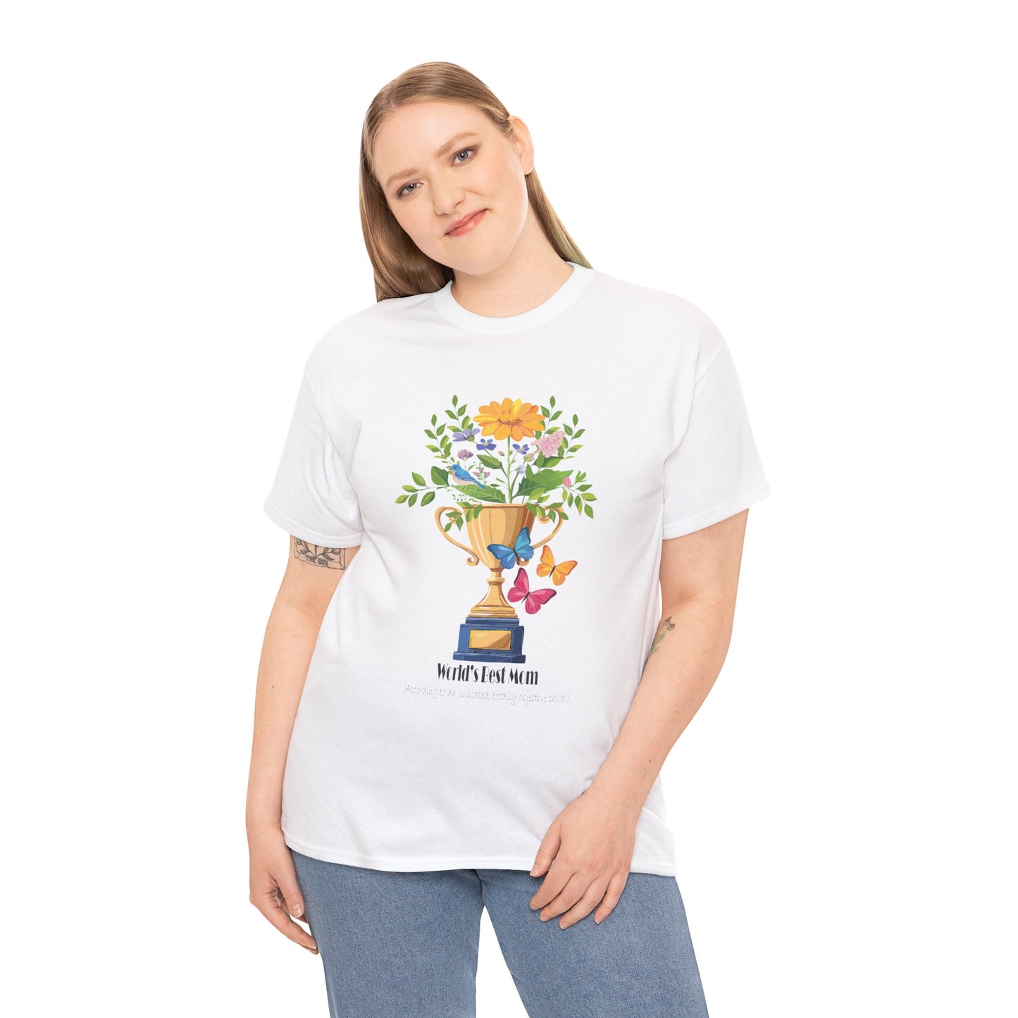 Floral Trophy for Mom Unisex Heavy Cotton Tee - Celebrating Achievement with Butterflies
