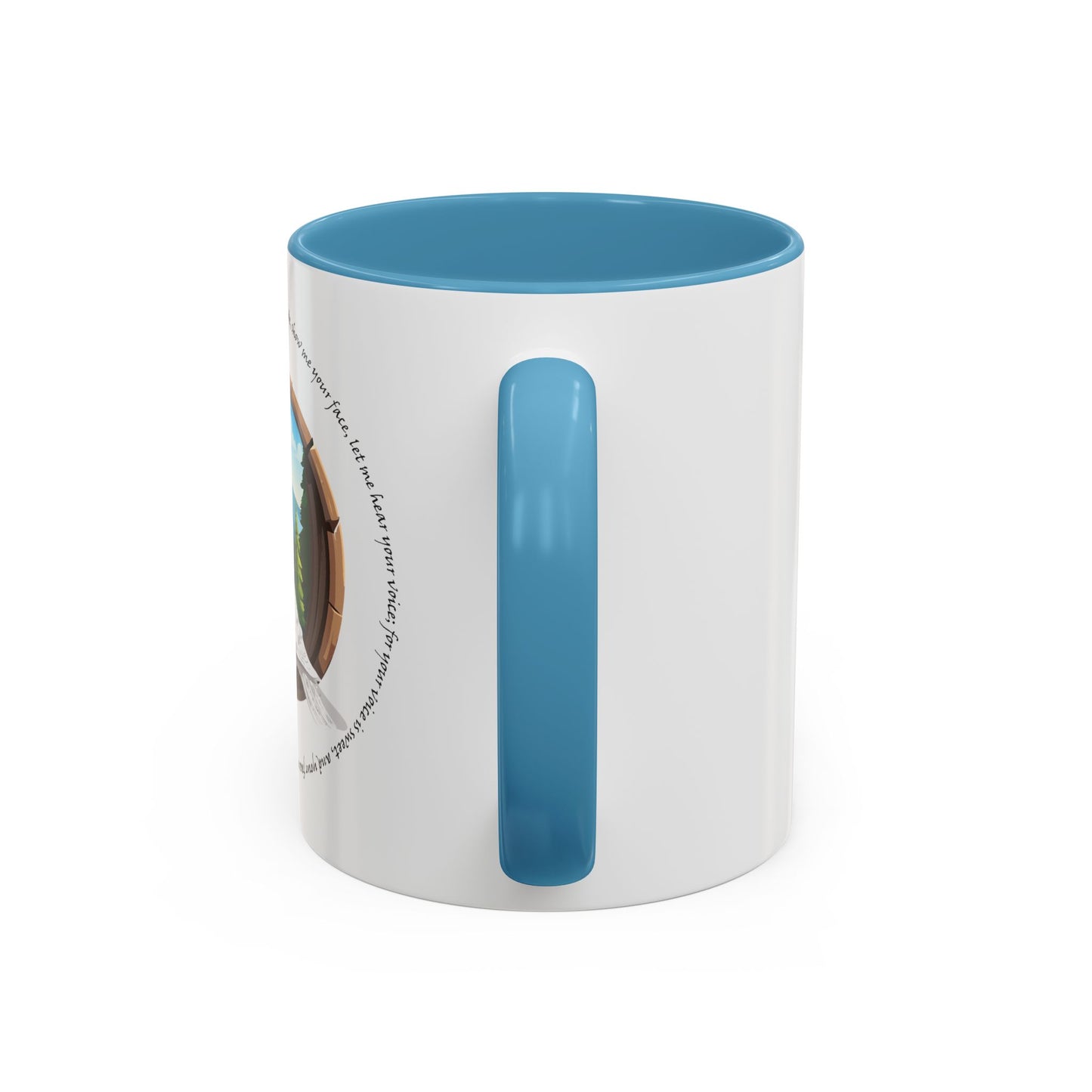 Taza de café con detalles inspirados en la naturaleza: diseño de montaña escénica y paloma apacible